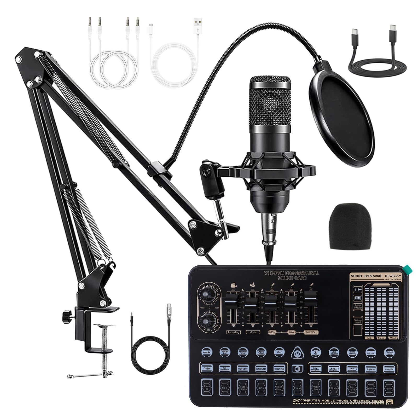 ALSO GO Podcast Equipment Bundle, Professional BM-800 Podcast Microphone with Adjustable Stand, V10XPRO Audio Mixer, Voice Changer, Audio Interface Suitable for Podcasting, Singing, Gaming
