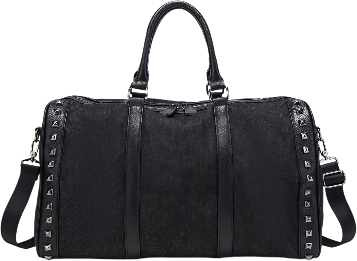 Black Denim Travel Duffle Bag with Genuine Leather Trim, Colorful Puzzle Art Patches & Studs, 32L Unisex Gym Bag with Shoulder Strap