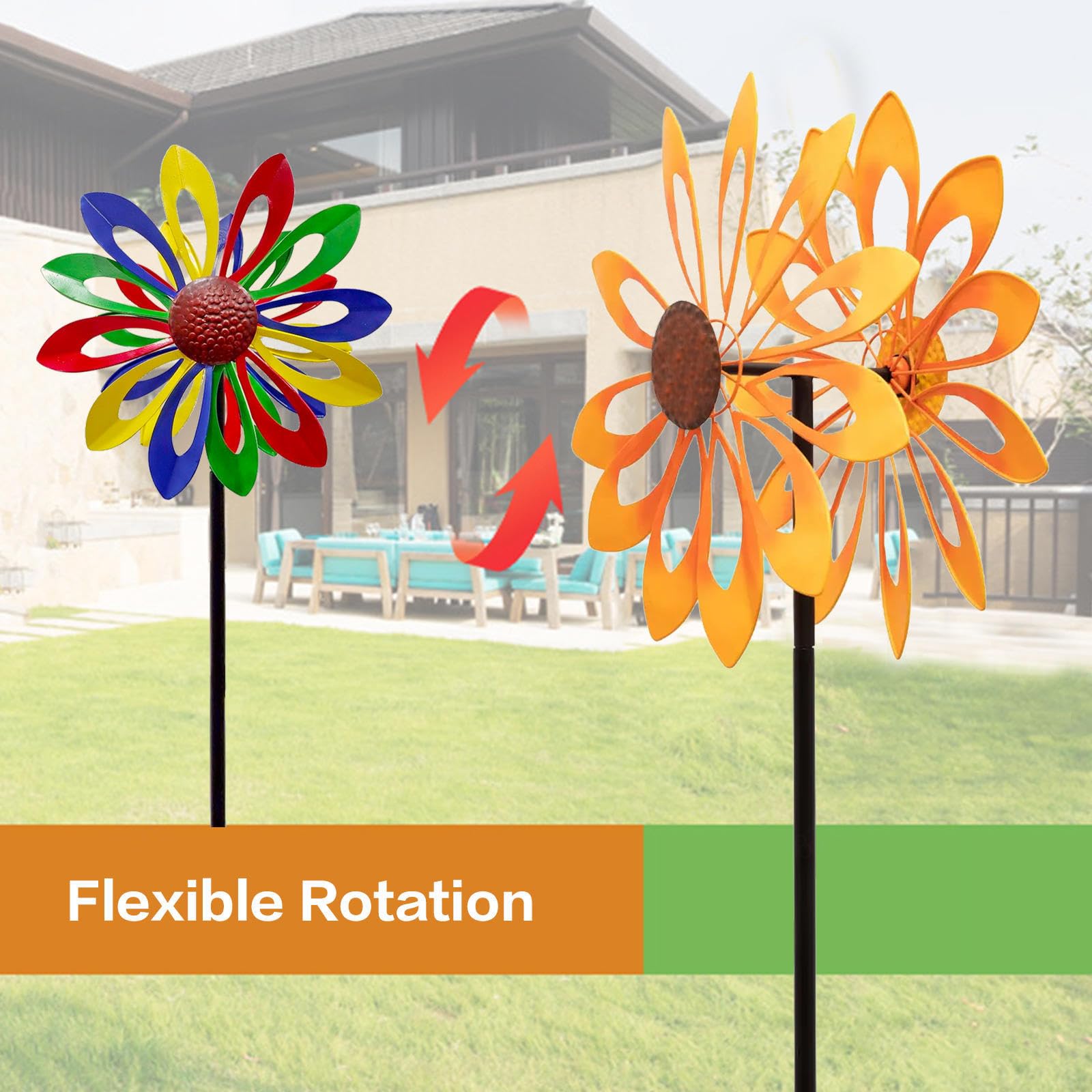 WindräDer Garten, Doppelwindrad mit gegenläufigen Rotoren,174CM Gelb Windspiel für Yard Decor, Landschaft Terrasse, Rasens Oder Gartens,Yellow