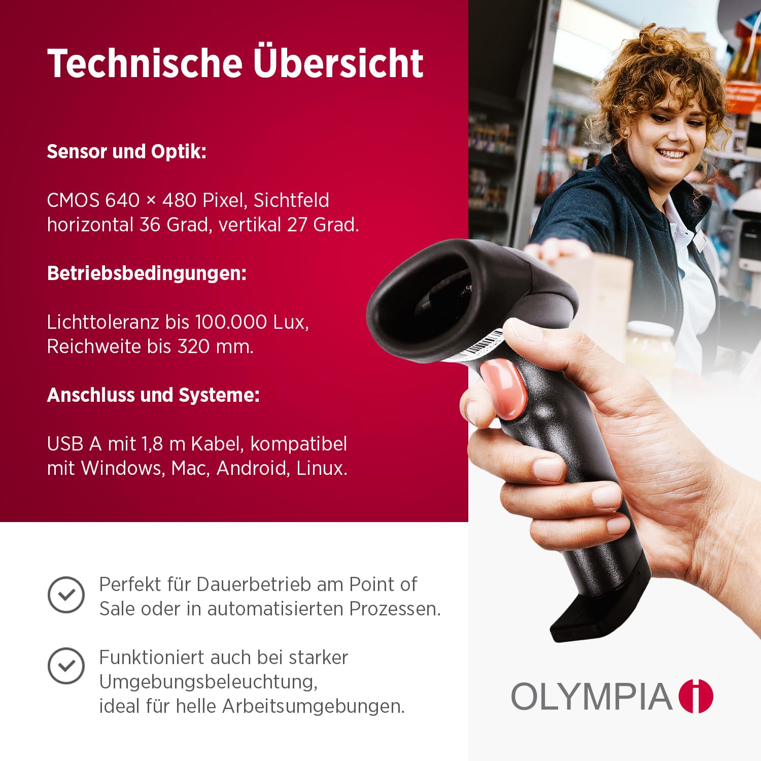 Olympia LS 6100 2D LED Barcode Scanner | Hochpräziser Handscanner mit USB | Schnelles Scannen von 1D & 2D Codes | Robuster Barcode-Scanner für Handel, POS & Industrie | Scannen in jeder Umgebung