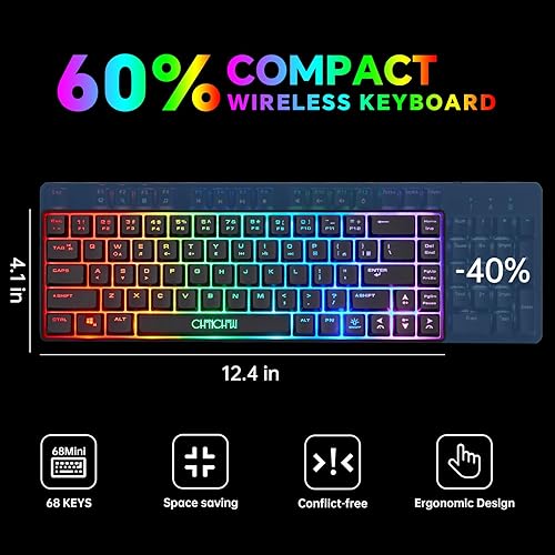 Miniatura 4 de CHONCHOW 60% Combo de Teclado y Ratón Inalámbrico para Juegos, Batería Recargable con Luz LED de 2000mAh, Teclado Portátil de 68 Teclas Impermeable