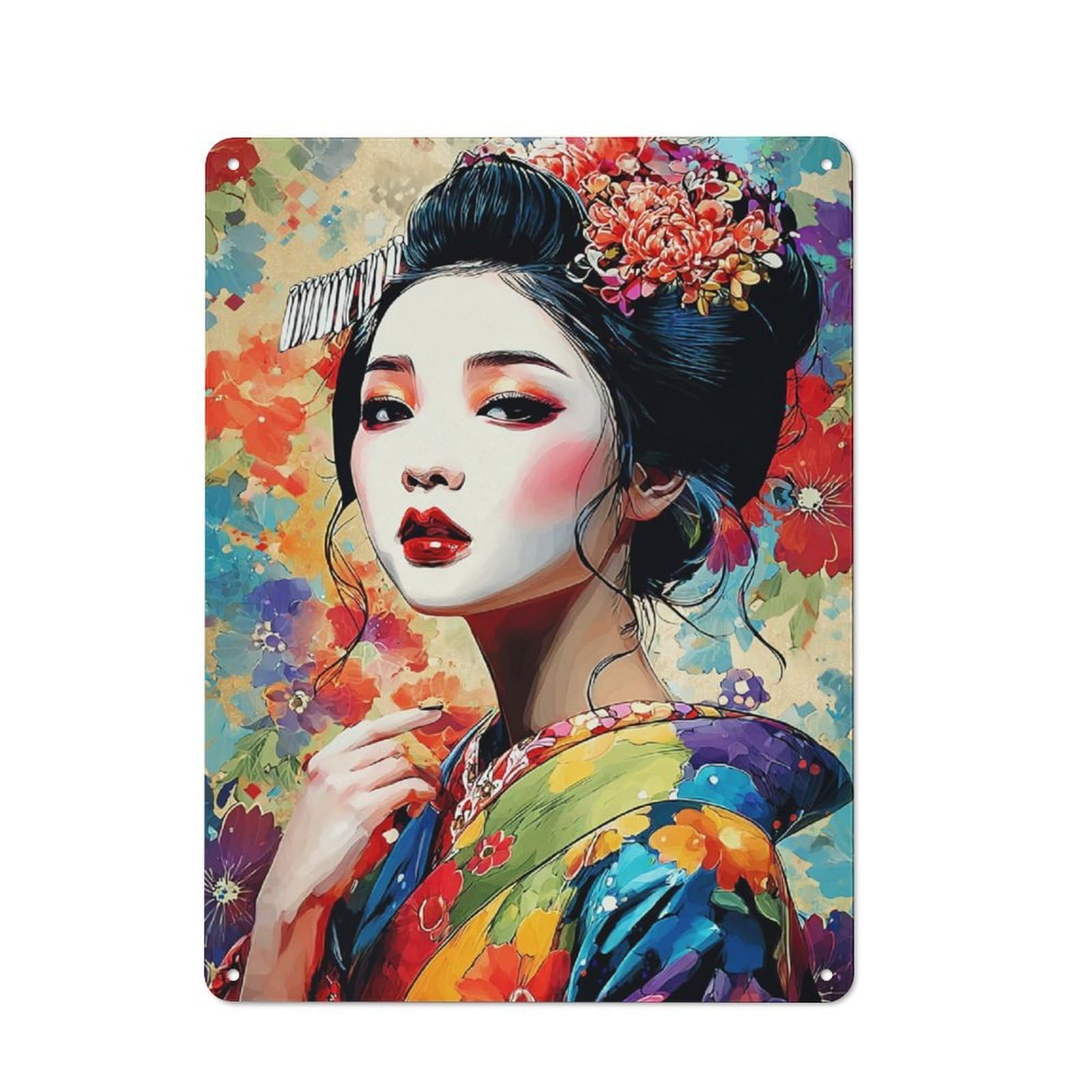 Junmoney Colorful Geisha Portrait Metal Wall Plaque With Design 40X30cm, Old Fashioned Vintage Wall Decor For Living Room, Hallway, Kitchen Or Cafe