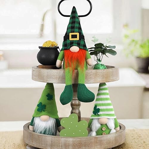Miniatura 6 de DAZONGE Decoraciones del día de San Patricio, 3 gnomos de trébol de felpa para bandeja escalonada, mantel de mesa, decoración del día de San