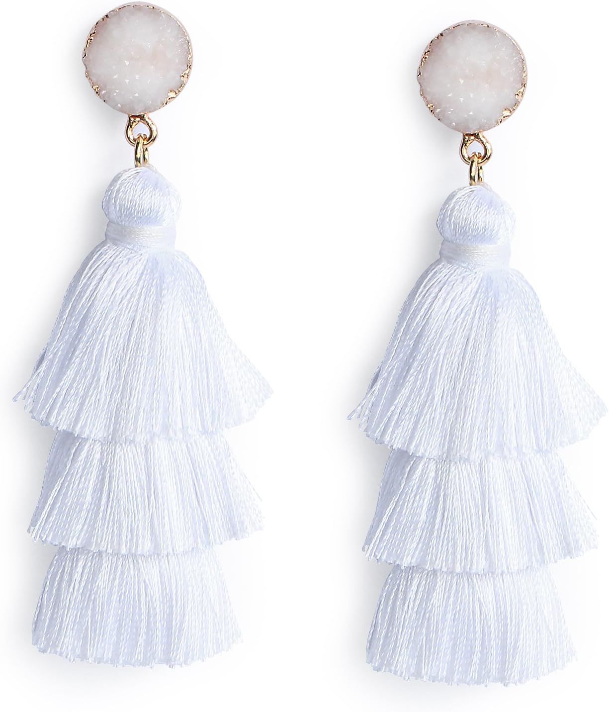 Orecchini Lunghi Con Nappe In Seta E Pietra Druzy, Multistrato Colorato, Pendenti A Goccia Boho, 14 Colori, Regalo Donna