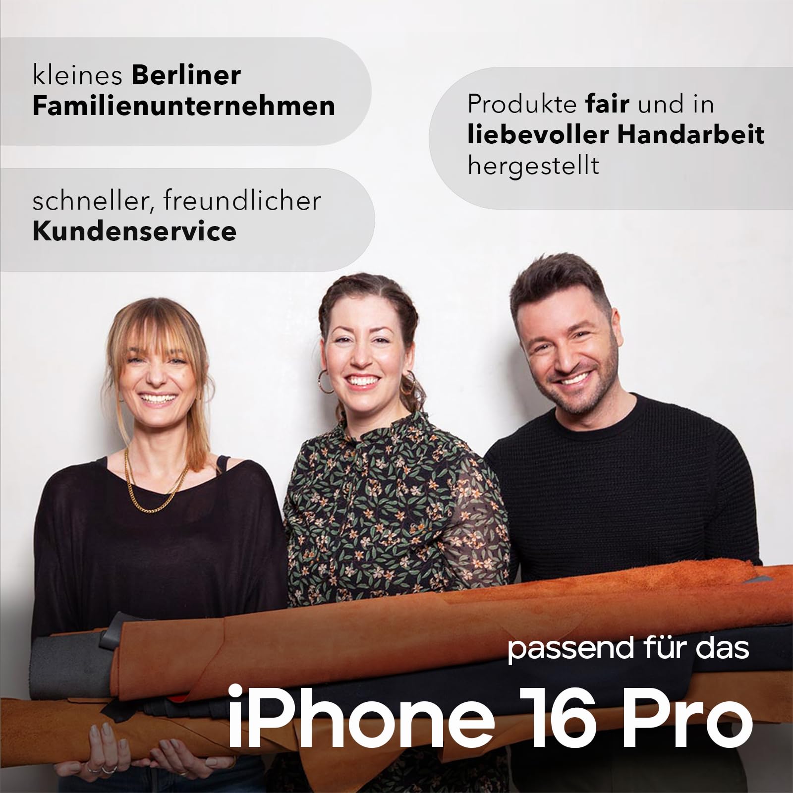 WIIUKA Hülle für iPhone 16 Pro, Leder aus Deutschland, Lederhülle extra Dünn, Premium Handyhülle, Case, Qi, skiin More, Vintage Braun