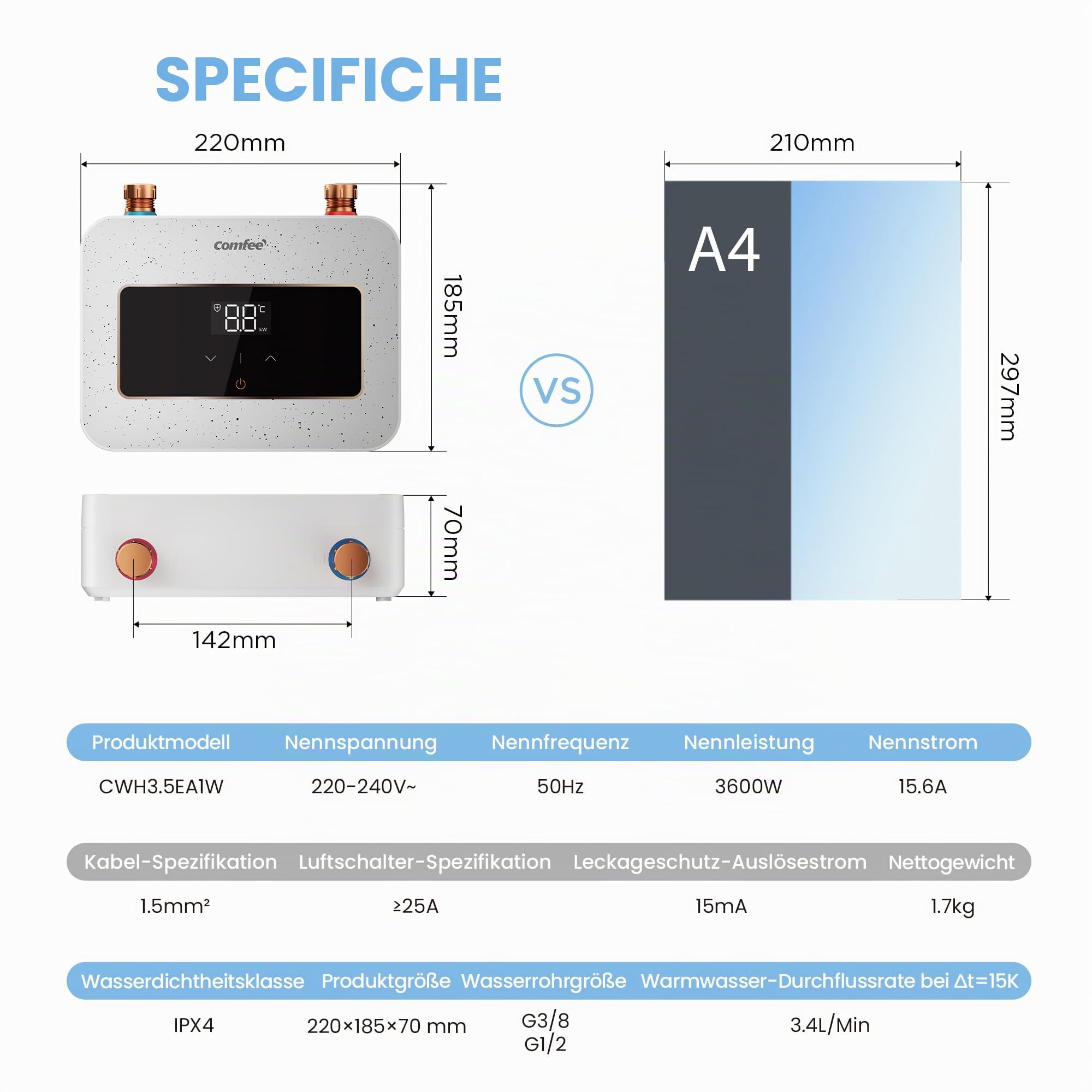 COMFEE 'CWH3.5EA1W Mini scaldabagno 3,6 kW per lavabi a mano, scaldabagno elettrico piccolo 230 V, controllata elettronicamente, resistente alla pressione, riscaldamento istantaneo, salvaspazio