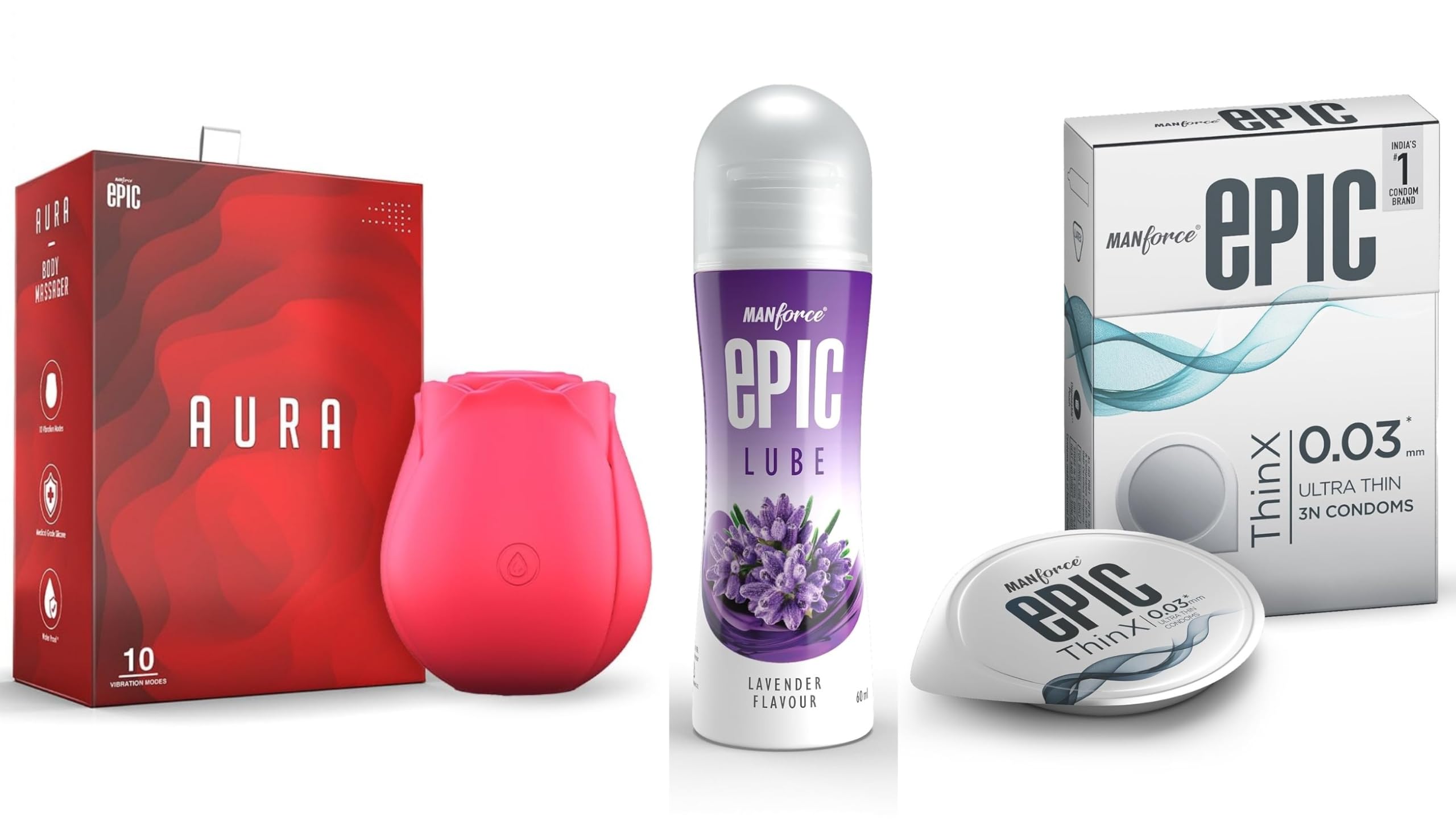 Manforce Epic Aura Massager | 10 Vibration Modes,Epic Lube | Lavender | 60ml | Water-based & Epic ThinX | Ultra Thin Condoms with Easy Peel Pack | 3 Pcs-image-34