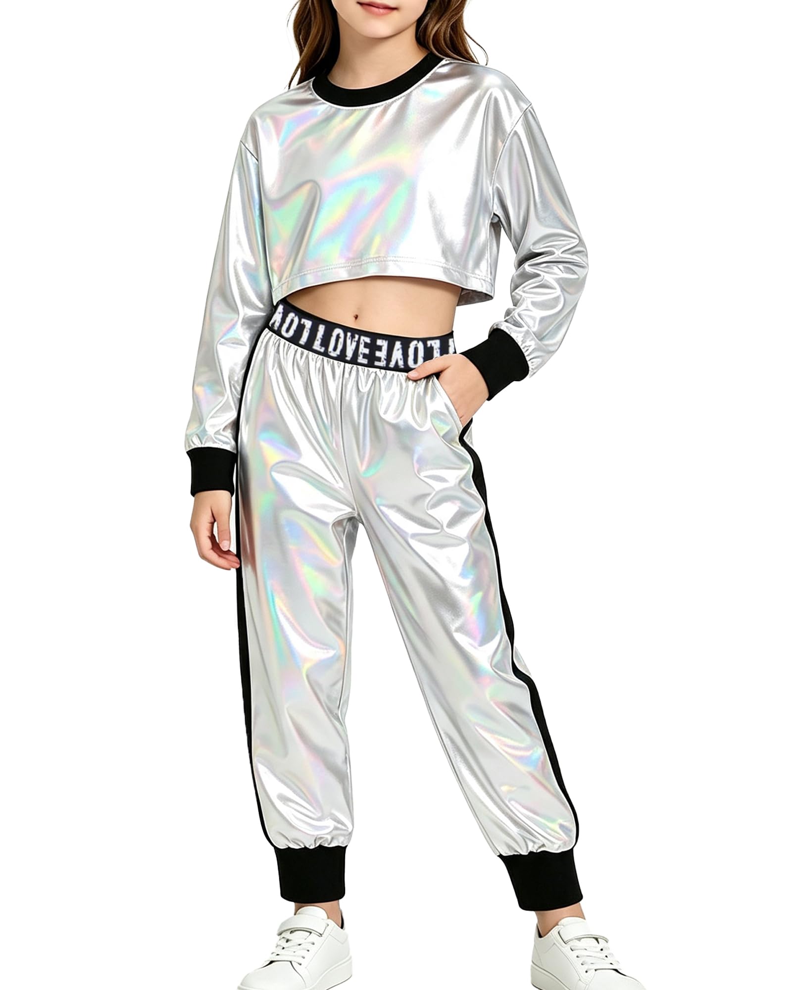 Betusline Girls Sweatsuit, Long Sleeve Crop Top Jogger Pants, 4T-14Y