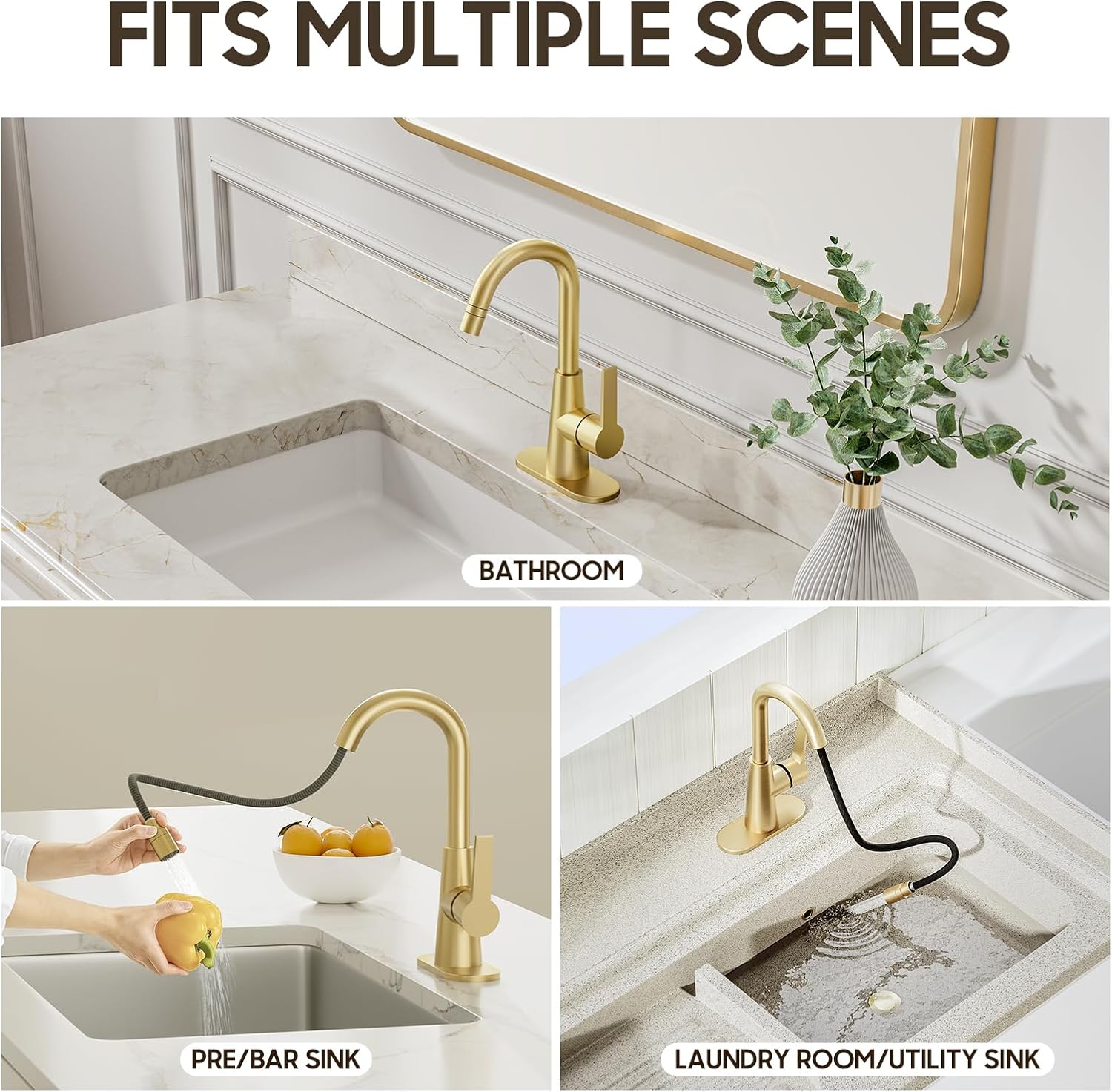 Phiestina Brushed Gold Tall Bathroom Sink Faucet with Pull Down Sprayer, High Arc Single Handle Pull Out Faucet with Pop-Up Drain, 1 or 3 Hole Laundry Bar Basin Faucet with Deck Plate,WE10CL-ZY-BG - Image 2