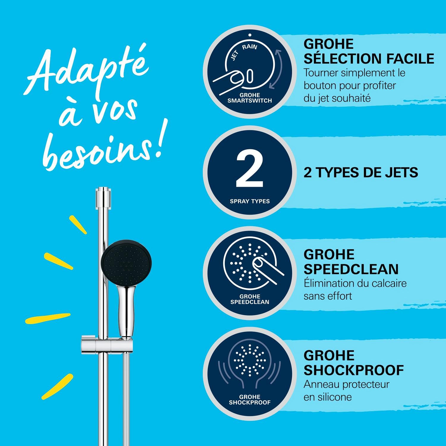 GROHE Vitalio Start 110 - Conjunto de barra de ducha (teleducha, barra de ducha 900 mm, flexo de ducha 1.750 mm, 2 tipos de chorro, duradero), redondo, cromo, 26955001