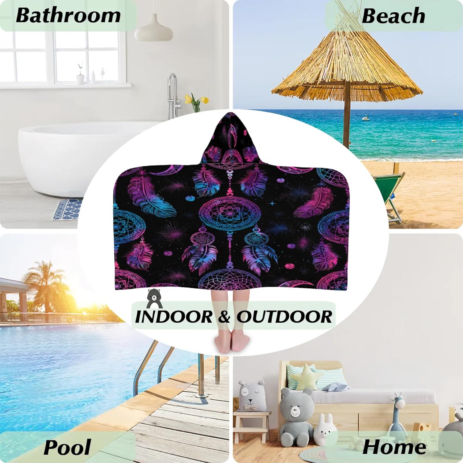 Galaxy Dreamcathcer Hooded Towels for Kids Absorbent Soft Pool Swim Beach Bath Towel for Boys Girls, 24 in x 50 in