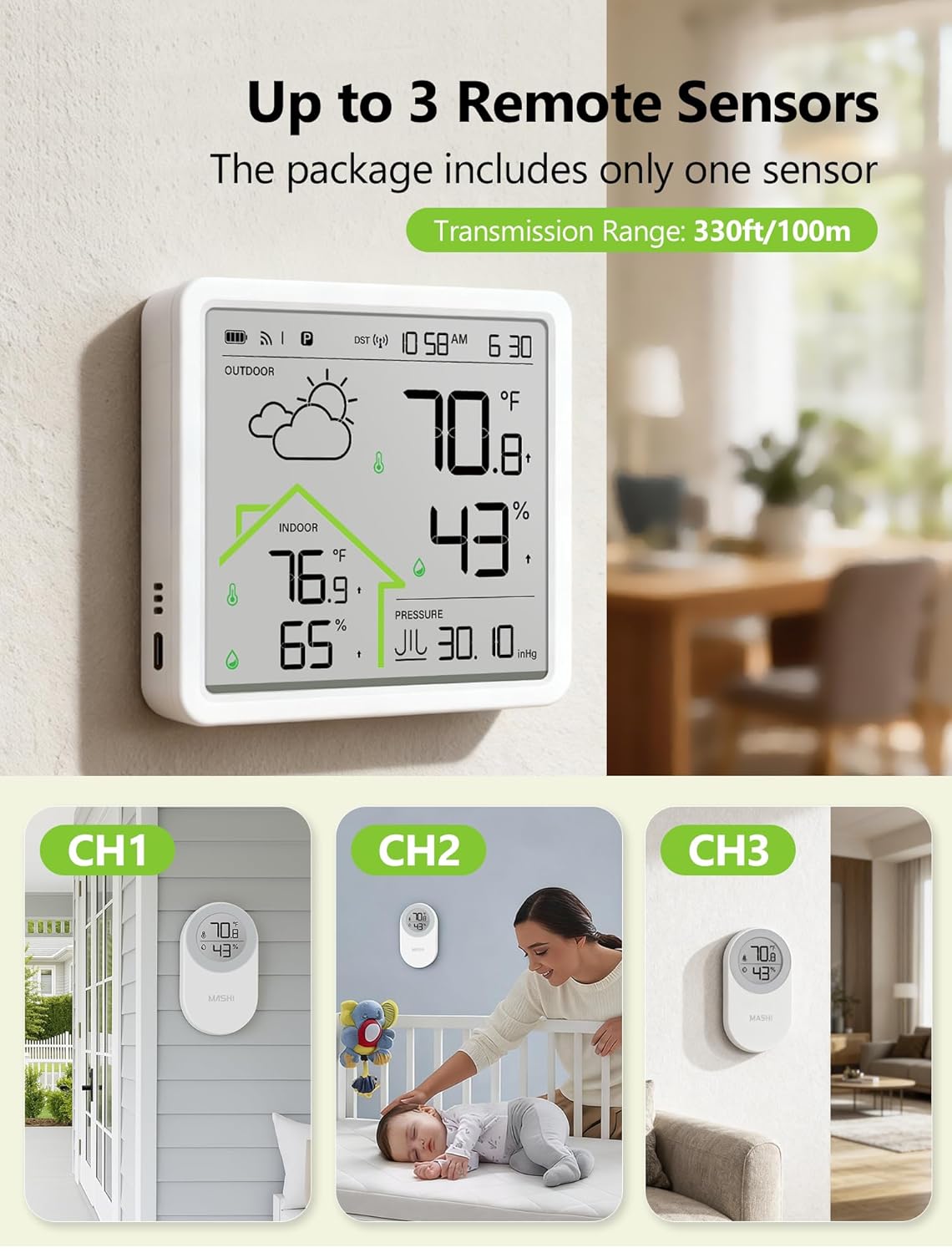 MASHI Indoor Outdoor Thermometer Wireless Weather Station,Inside Outside Thermometers Hygrometer Monitor,4.3" Display Home Weather Stations with Atomic Clock,USB-C Powered,Backlight,Weather Forecast - Image 3