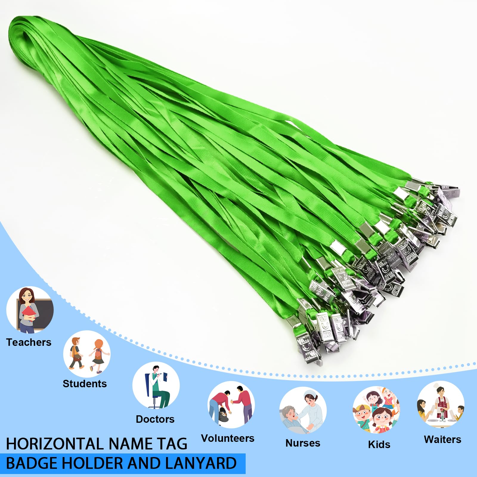 50 sztuk przezroczystych plastikowych pionowych uchwytów na plakietki z imieniem i 50 sztuk zielonej smyczy, wodoodporny uchwyt na plakietkę z imieniem ze smyczą dla dorosłych, dzieci, biura, szkoły
