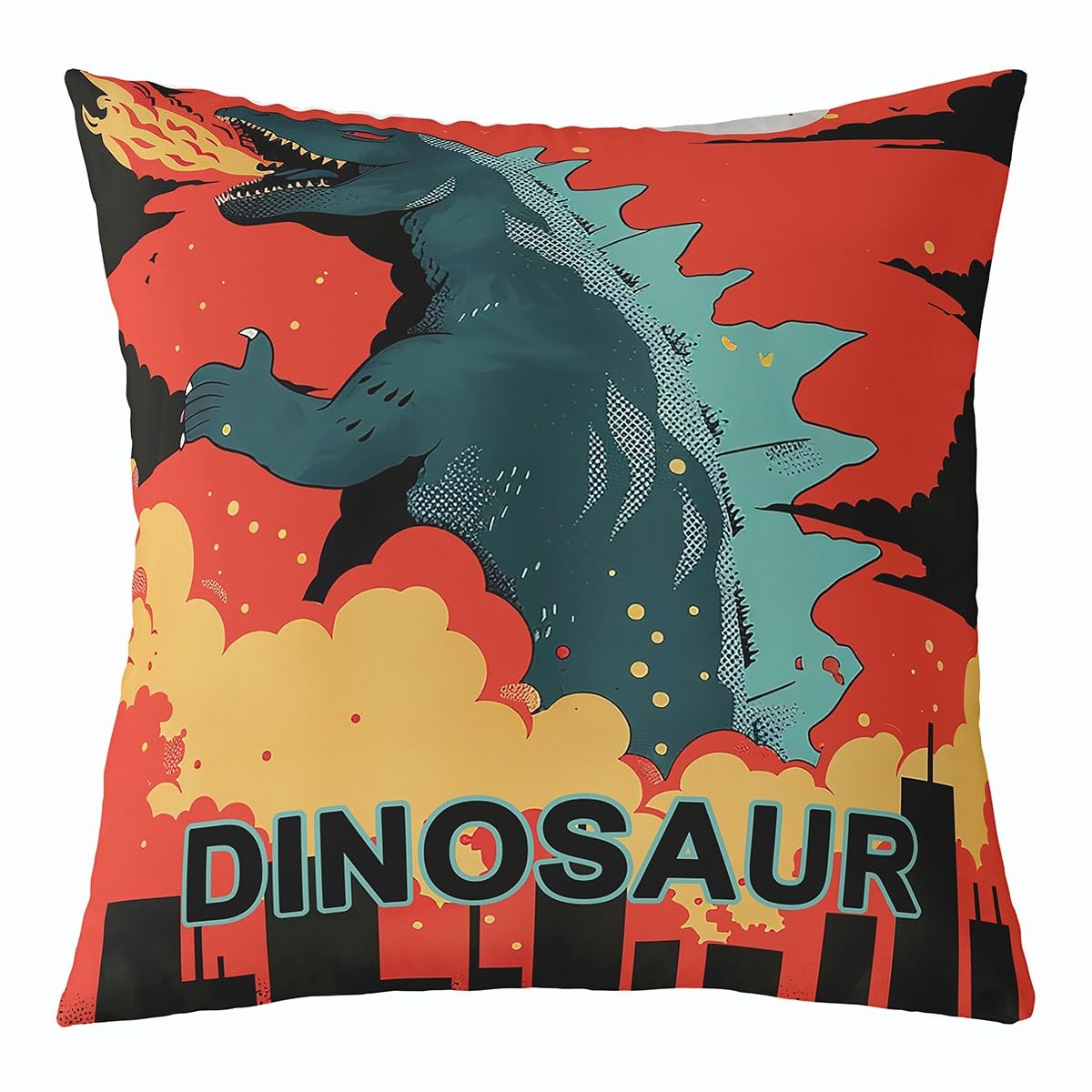 Dinosaur Pillow Cover Orange Yellow Fire Black Buildings Silhouette Cushion Cover for Kids Boys Girls Watercolor Cartoon Wild Animal Japanese Style Cushion Case for Sofa 24x24 Inch