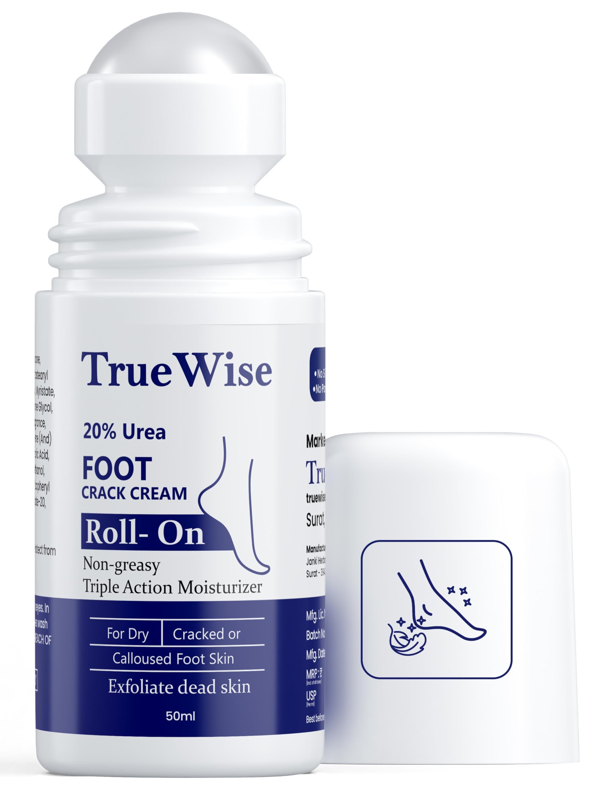 TrueWise® 20% Urea Crack Heel Repair Foot Cream Roll On 50ml Foot Cream For Dry And Cracked Feet With 2% Lactic Acid, Olive Oil & Vitamin E | Help Heel Repair and Moisturise Cracked Heels