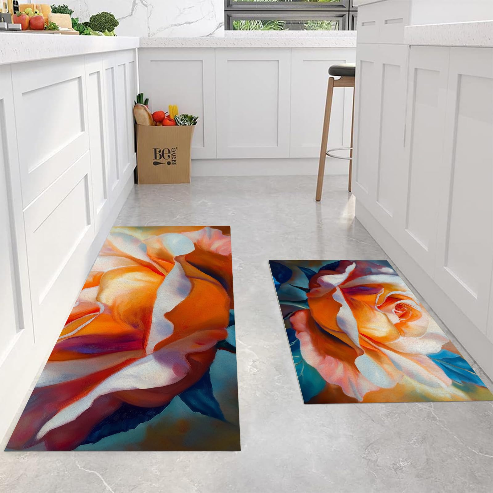 Juego de 2 tapetes de cocina antideslizantes de 44x70cm y 44x120cm lavables en color naranja