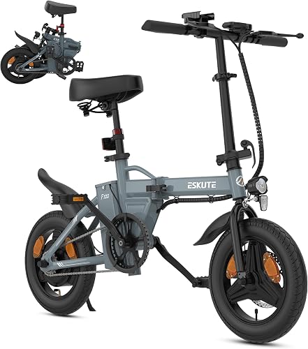 ESKUTE F100 Bicicleta Eléctrica Plegable, Ebike 14", Batería Integrada 36V 9Ah, 25 km/h & Autonomía 35–60 km, Pantalla LCD, Soporte USB, Asiento Ergonómico, Bici Electrica Urbana para Adultos