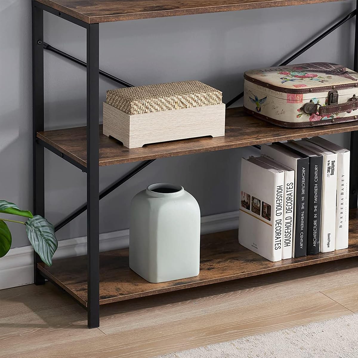 Iwell Entryway Table, 47" Long Console Table with Storage, Narrow Sofa Table with Metal Frame and X-Shaped Design for Living Room, Entryway, Couch, Rustic Brown