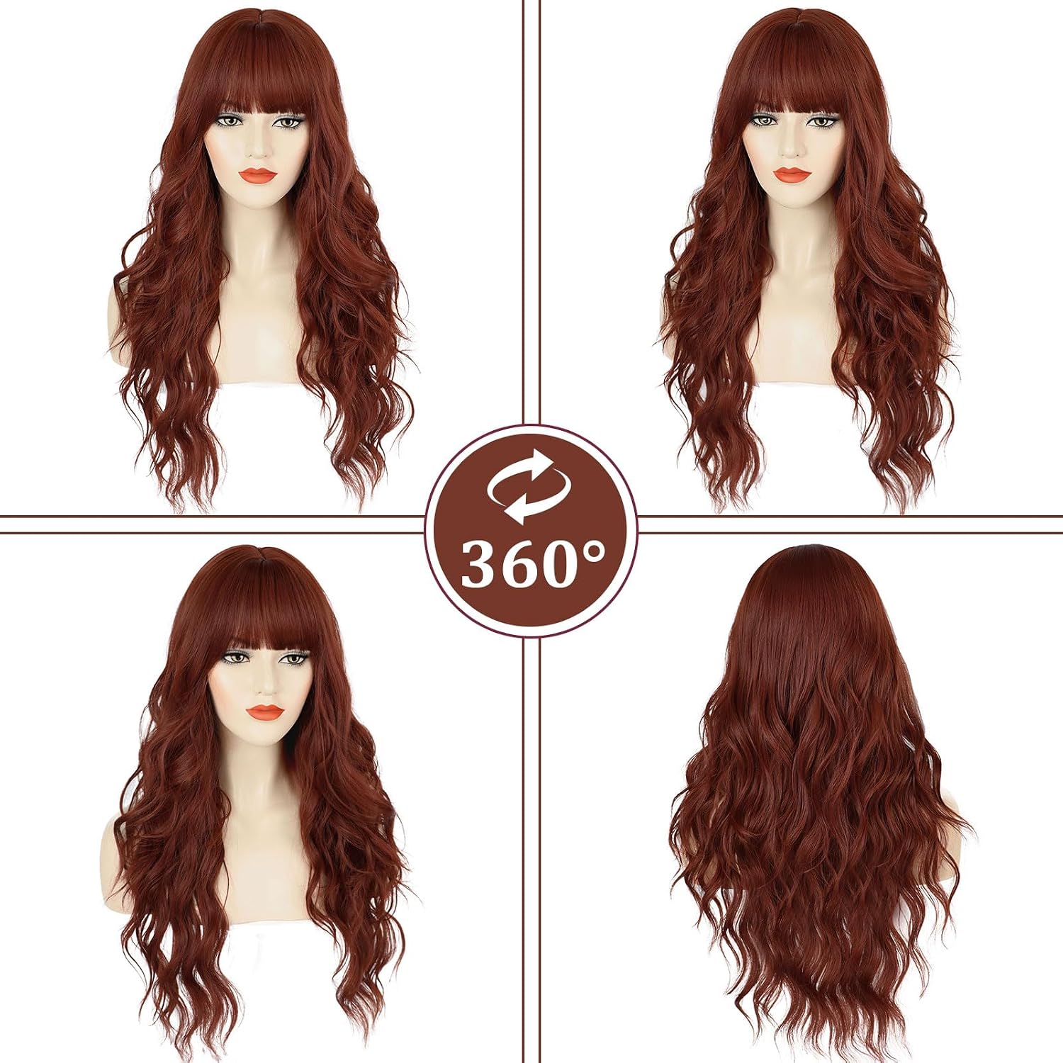 Ginger Orange Wigs with Bangs for Women Long Curly Auburn Wavy Wigs Heat Resistant Synthetic Bangs Wig for Daily Party Use (Ginger Orange, 26 Inches)