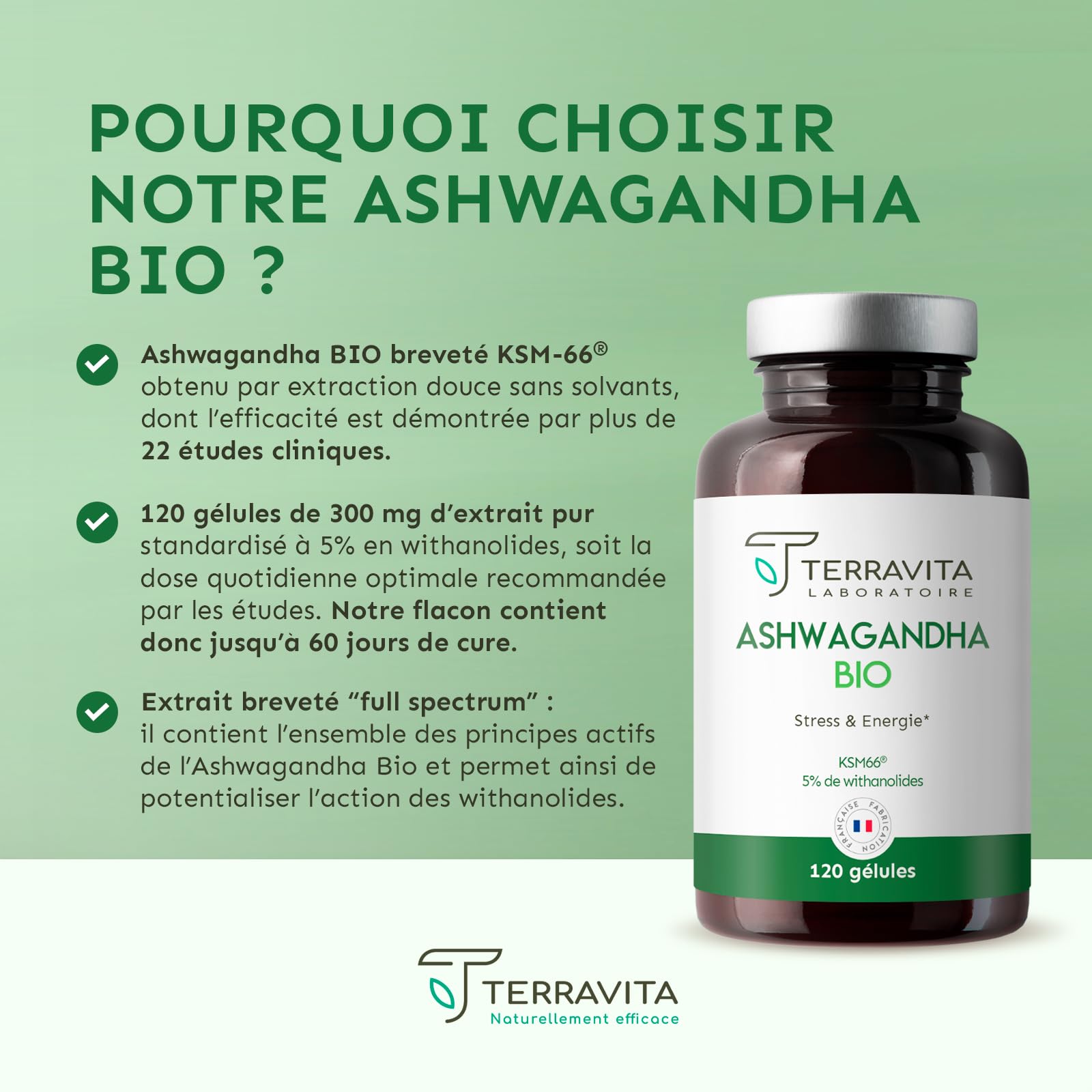 Ashwagandha Bio KSM-66® | Dosage Extra Fort 1200 mg | 120 Gélules Vegan | 5% de Withanolides | Sommeil, Vitalité, Stress & Mémoire | Sans Excipients Controversés | Made in France | Terravita