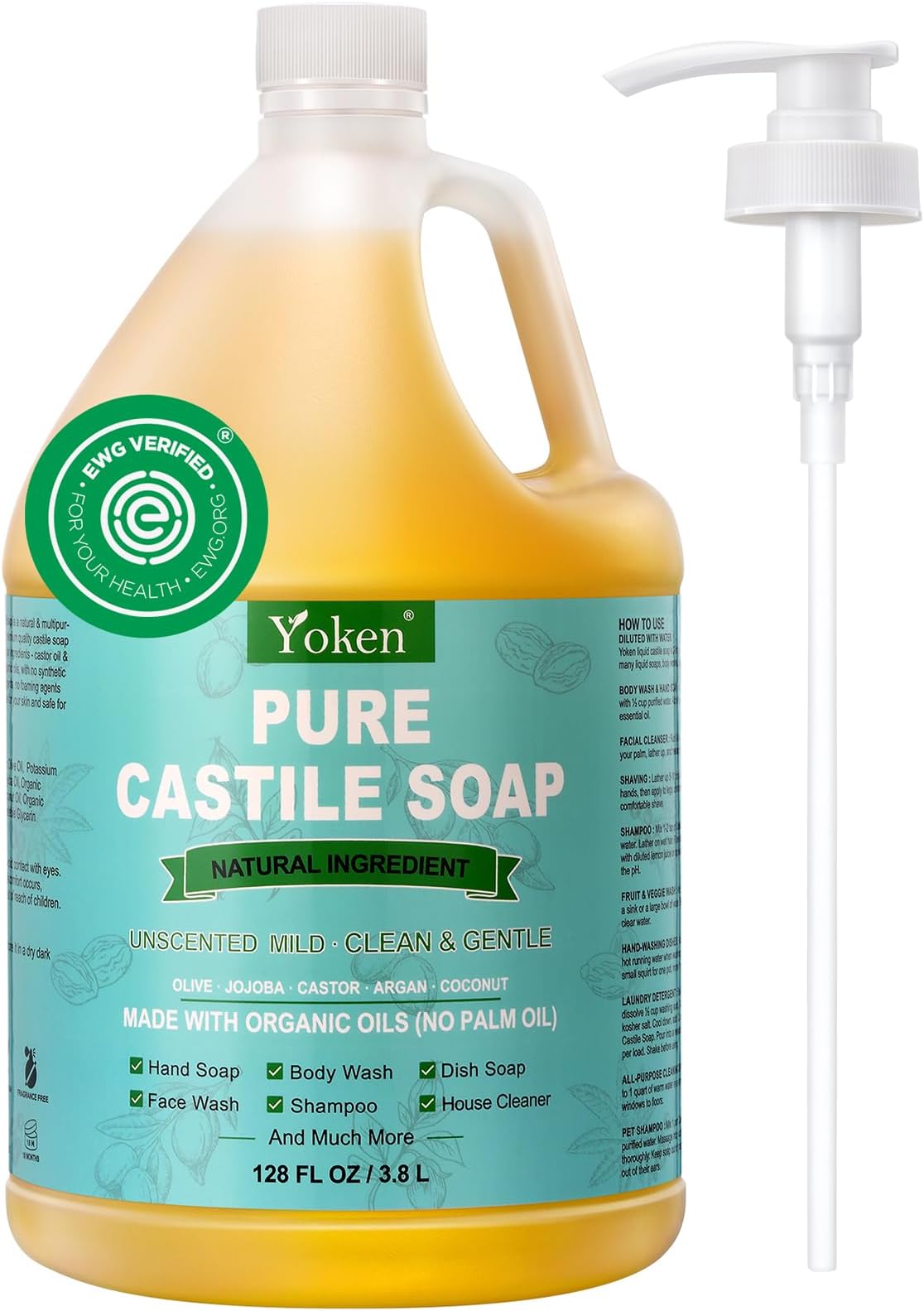 Yoken Castile Soap Liquid EWG Verified(1 Gallon, Unscented) Pure-Castile Liquid Soap for Body, Face, Hand, Pets, Laundry, Dish Soap and More - Made With Organic Oil, Vegan, Clean & Gentle, Versatile