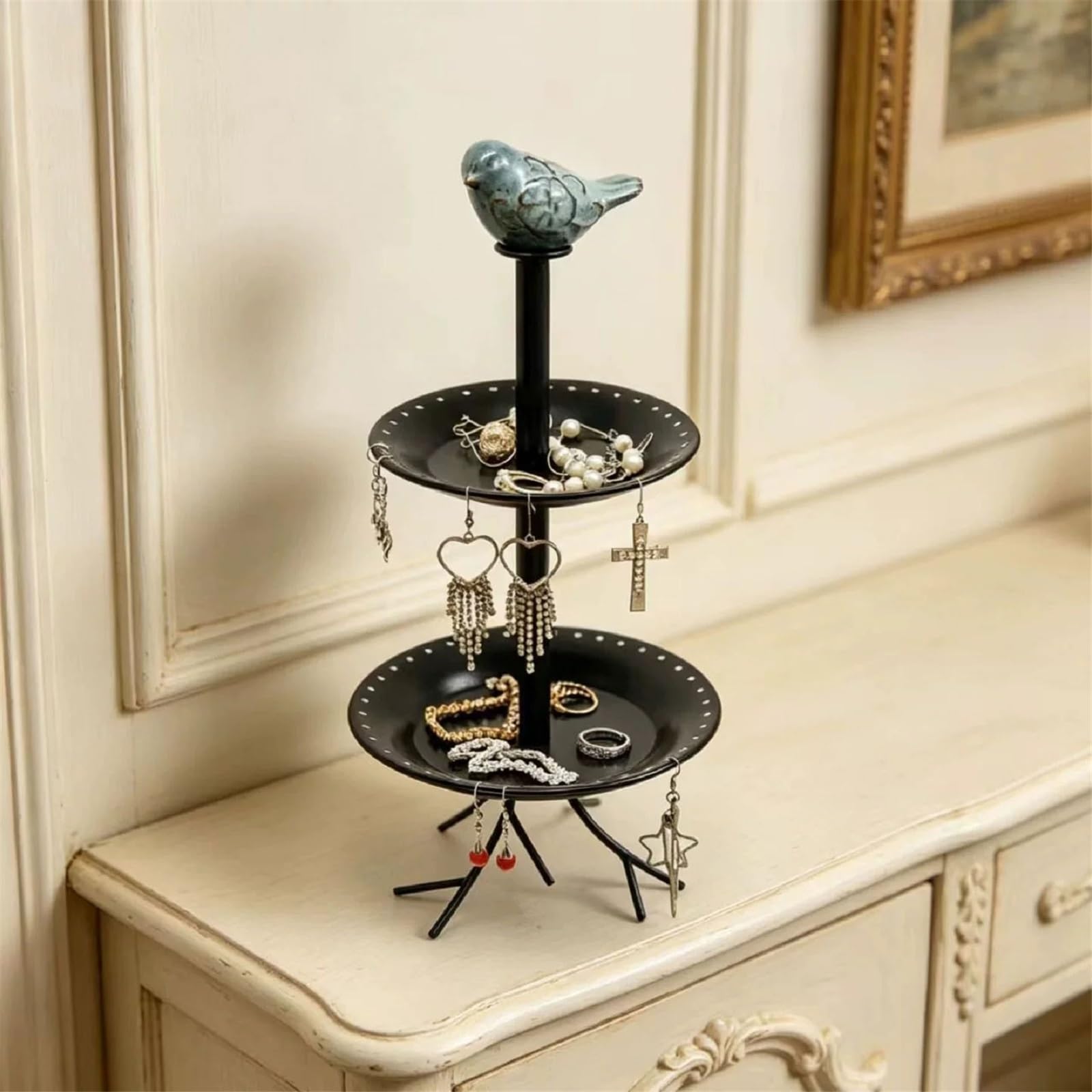 Stań 2-Tier Metal Earring Ring Jewelry Tray with Bird Decor do sprzedaży