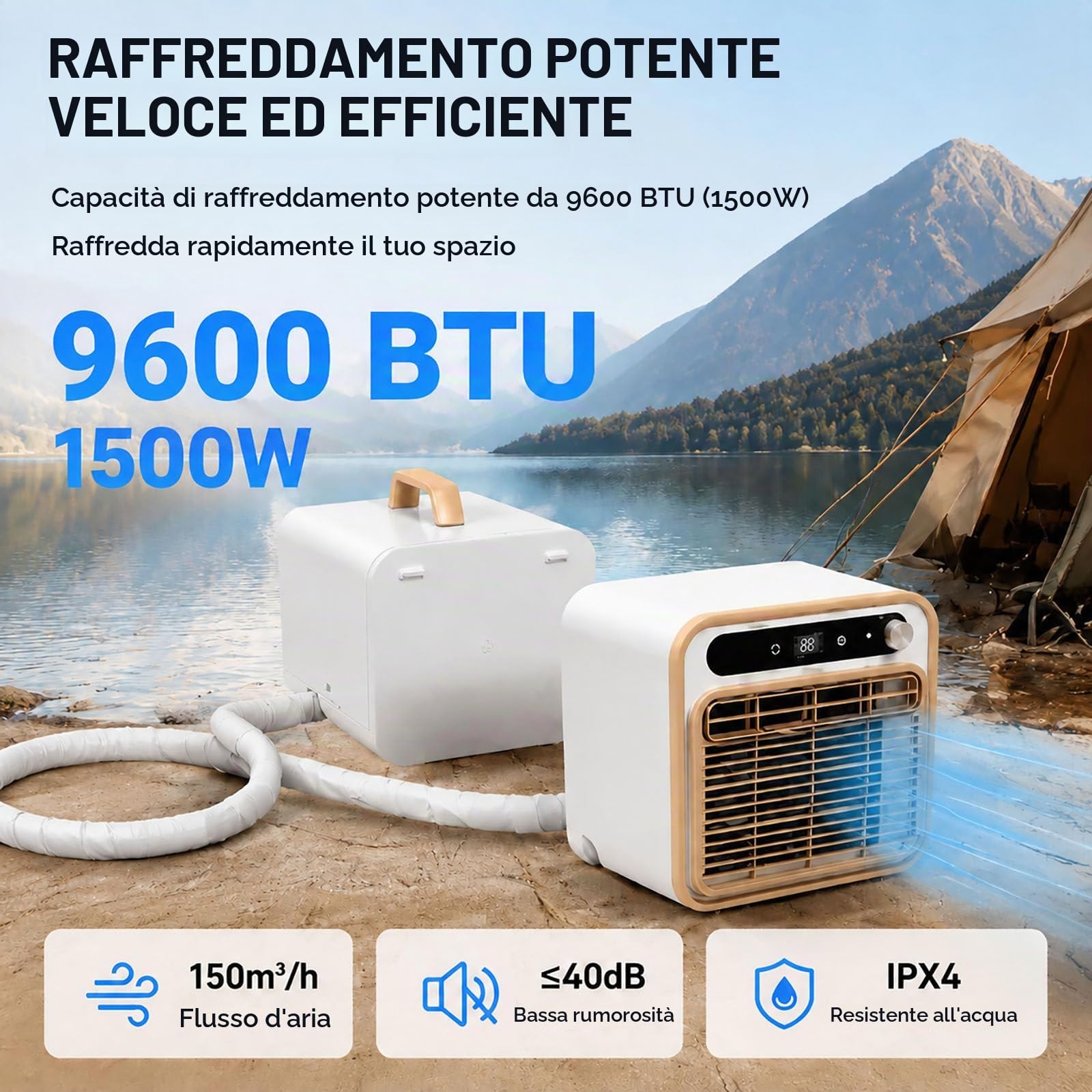 Condizionatore Portatile Split 220V (Modello 2026) – Raffreddamento rapido da 9600 BTU | Condizionatore portatile 4 in 1 con funzioni di raffreddamento, deumidificazione, ventilazione e modalità notte