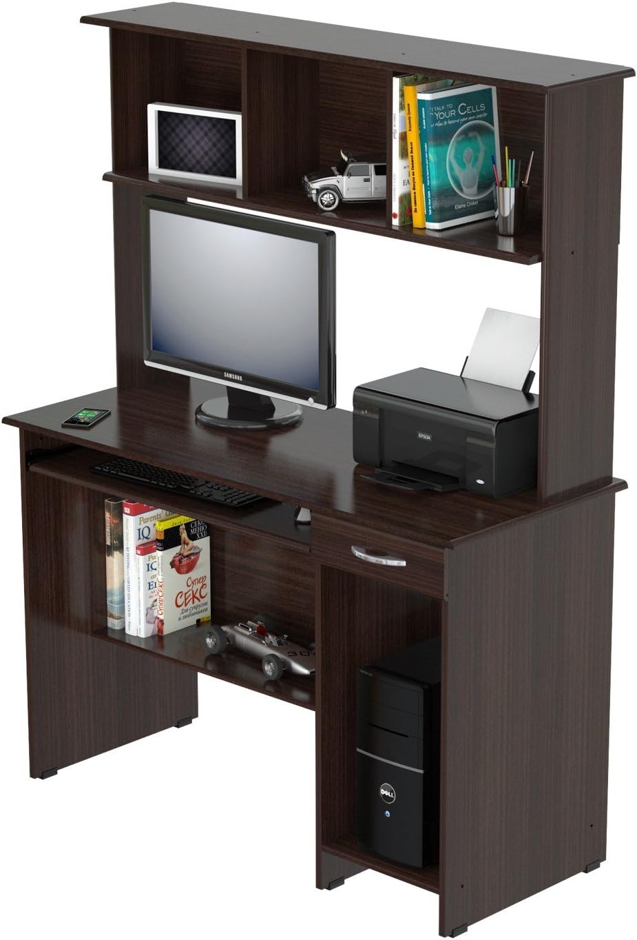 Inval Computer Workcenter with Hutch, Espresso-Wengue, Brown, Large