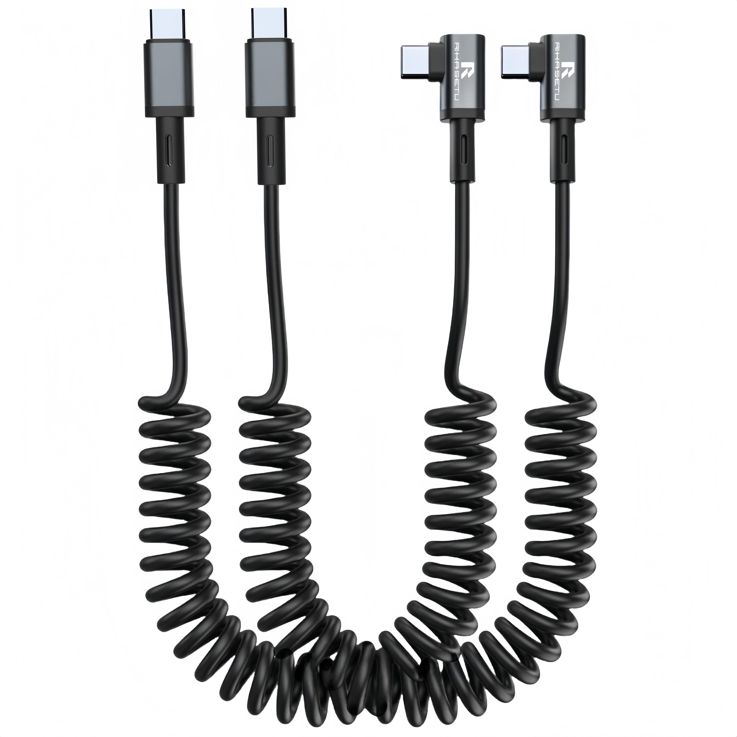 Cable USB C en espiral en ángulo recto USB C a USB C en espiral para Android Auto/Carplay, carga rápida USB tipo C, longitud recomendada [1.5 pies a 4 pies, paquete de 2] para iPhone 16/15 Series
