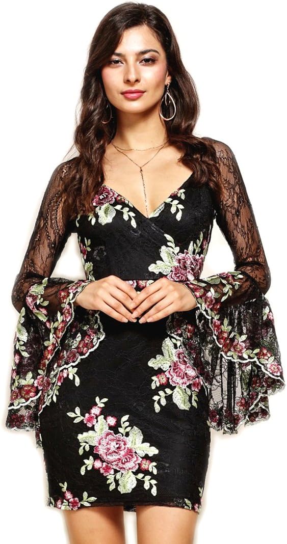 SoiebluBlack & Floral Lace Dramatic Bell Trumpet Sleeve Mini Dress, Large