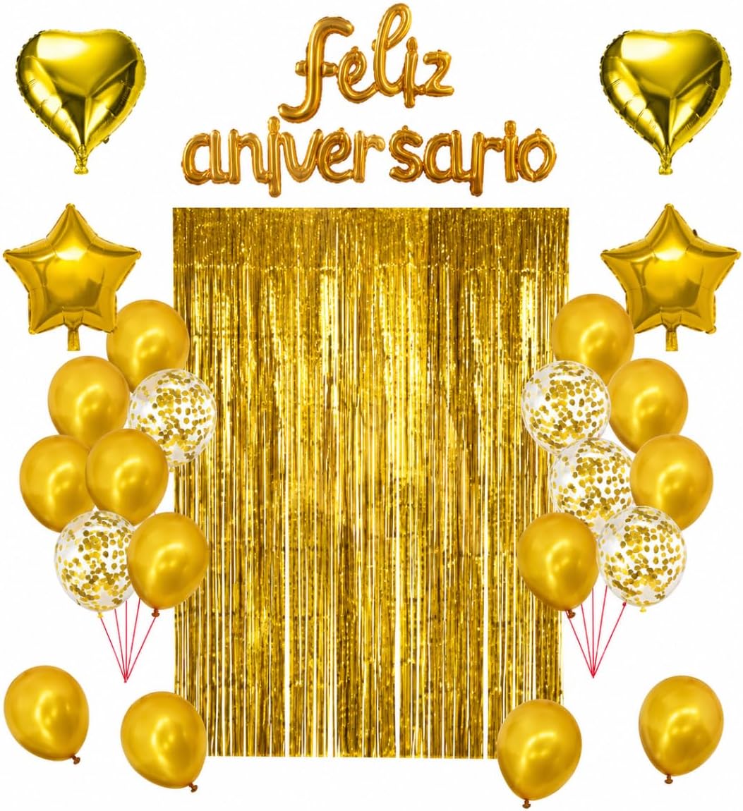 Kit Decoração Feliz Aniversário Completo 26 Peças com Cortina Metalizada, Balões e Letreiro (Dourado)