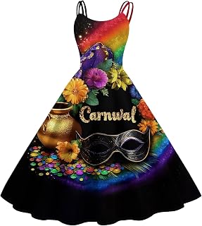 Dresses for Women Carnival Print Sexy Spaghetti Strap Cocktail Dress Punk Vintage Swing A-Line Midi Dress, S-2Xl