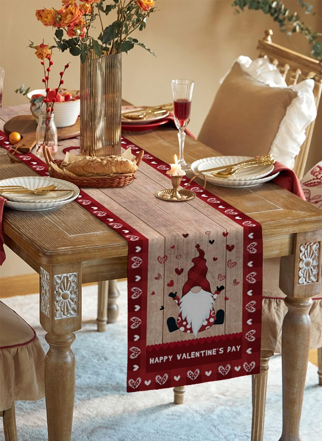 Valentines Day Table Runner,Happy Valentine's Day Cute Gnome Wood Plank Farmhouse Table Decor,Dining Table Runners for Party Decoration,13x90 Inch