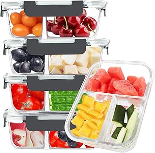 BAYZZ 5-Pack 35 oz Glass Meal Prep Containers — 3-Compartment Airtight Bento, Microwave/Freezer/Dishwasher Safe