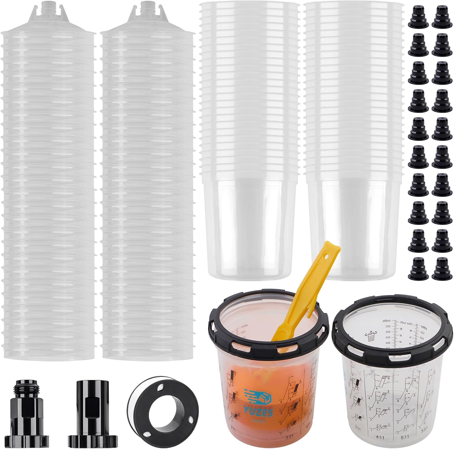YUZES 50 Disposable Paint Cups with Lids (20 oz, 190-Micron), 2 Paint Mixing Cups with Ratio, 2 Spray Gun Cup Adapters, Paint Gun Cup System for Car & DIY – Ideal for Primer, Sealer & Basecoat