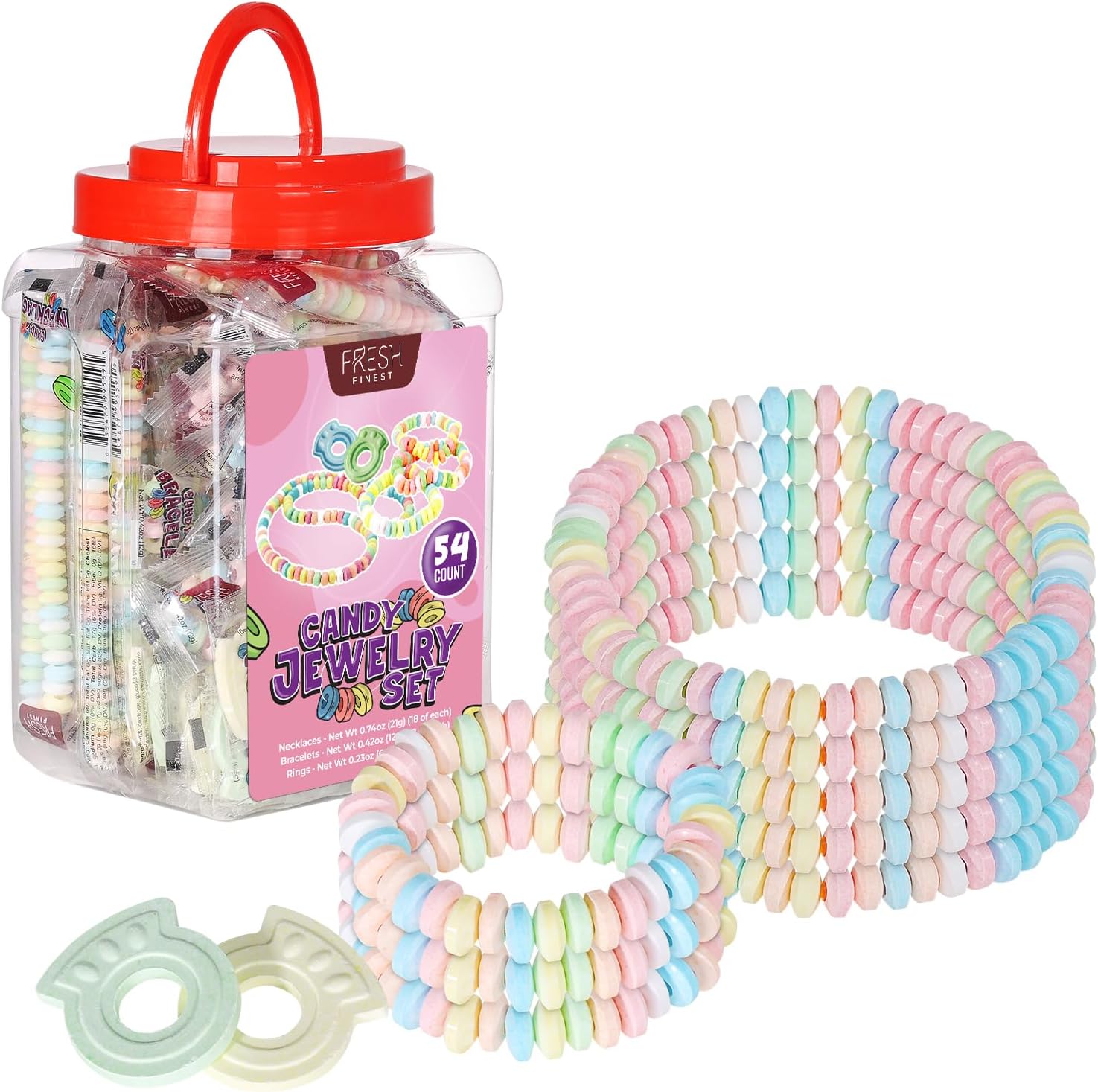 Fresh Finest Novelty Candy Mix - 54-Count Bulk Candy in a Jar. Includes 18 Candy Bracelets, 18 Candy Necklaces, and 18 Candy Rings, All Individually Wrapped.