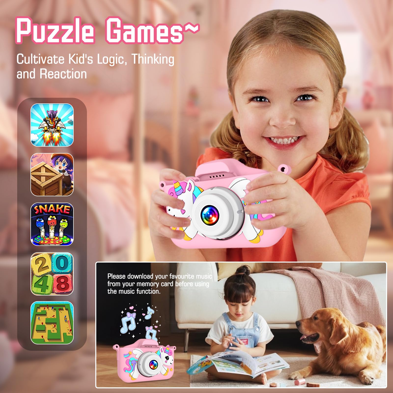 Macchina Fotografica Bambini, Schermo HD 1080P, Mini Ricaricabile Fotocamera Digitale con scheda TF da 32 GB, lettore di schede USB, Regali di compleanno e di Natale per Bambine dai 3 ai 12 Anni