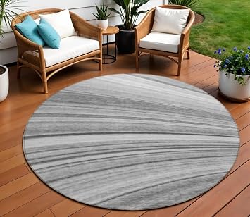 HomeRoots 577339 8 ft. Round Abstract Washable Indoor & Outdoor Area Rug Gray Silver & Ivory