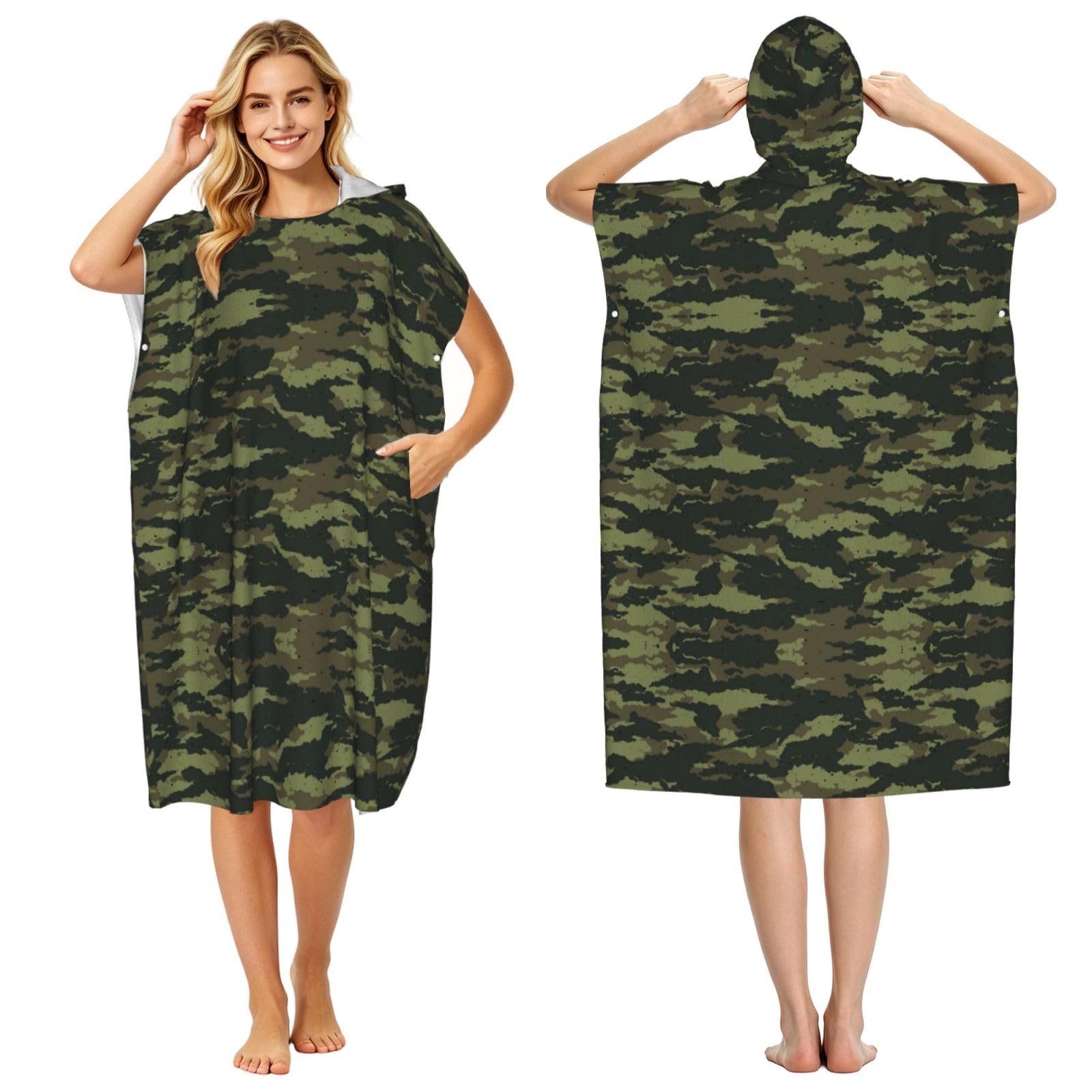 EZDLOWVBA Camouflage Print Hooded Poncho Microfiber Beach Towel,Adult Women & Men Changing Robe,Lightweight Summer Surf Swim Bath Poncho Towel