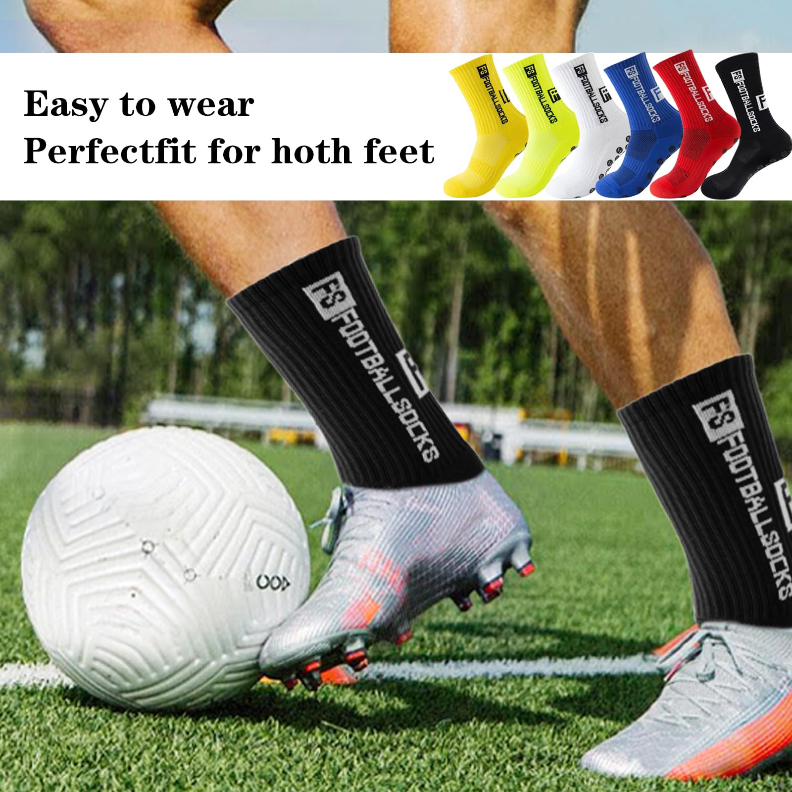 4 Paires de chaussettes de sport de football antidérapantes, Chaussettes de Football Respirant, chaussette foot (Blanc + Bleu + Couleur Fluorescente + Jaune)