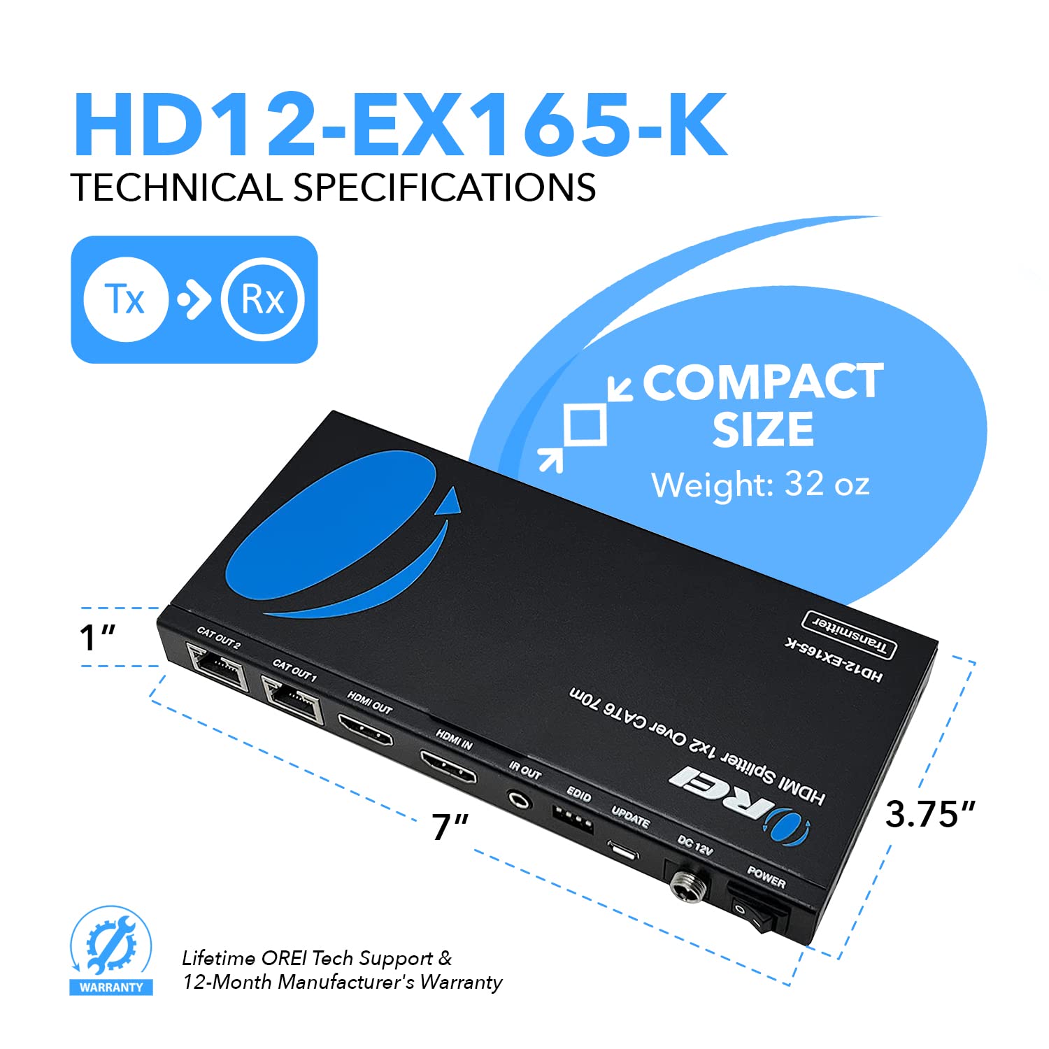 Orei 4K 1x2 HDMI over ethernet Extender Splitter su cavo Ethernet CAT6/7 4K @ 30Hz fino a 50 m - 1 ingresso 2 out, 1080p @ 60Hz fino a 70 m, PoC, controllo IR, EDID, HDMI Loop Out (HD12-EX165-K)