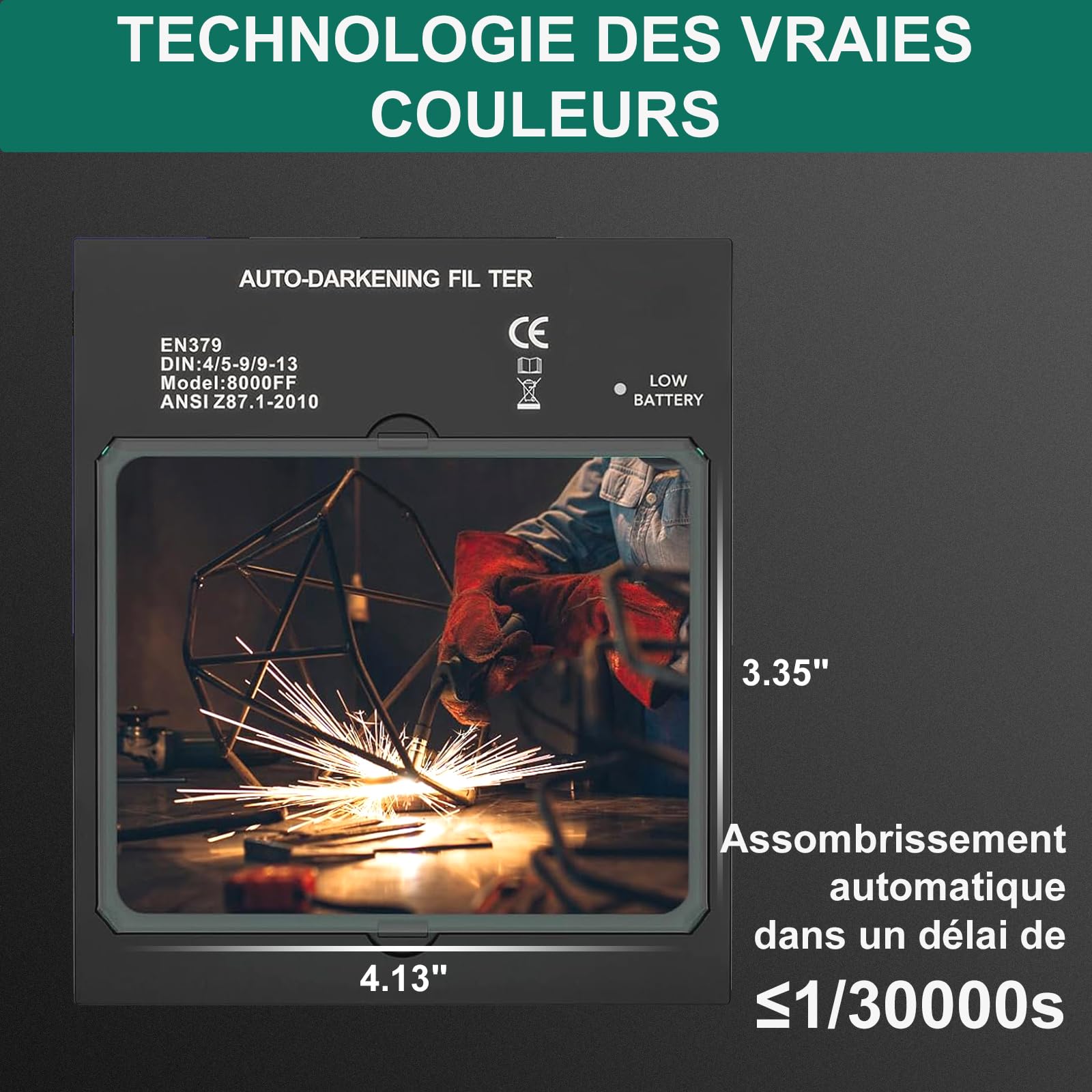 HYCHIKA Masque de Soudure Auto Darkening - Large Vue 10x9cm Casque de Soudure, Masque de Soudure Solaire et alimenté par Batterie, 4 capteurs Haut de Gamme Large Abat-Jour 4/5-9/9-13 Cap de Soudure