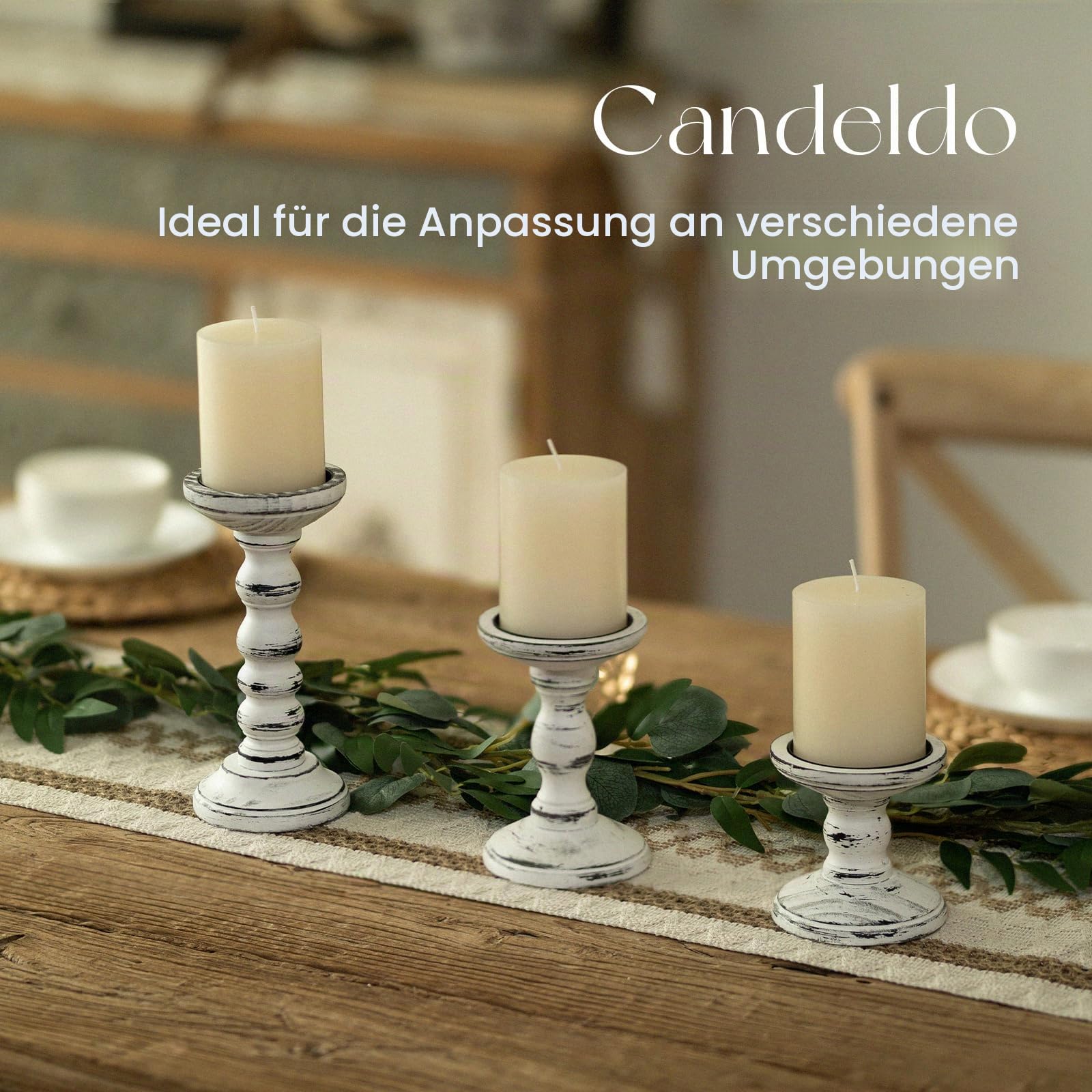 Candeldo Kerzenständer Holz Vintage Deko: 3 Stück Kerzenhalter Stumpenkerzen Wohnzimmer Tischdeko Groß Kerzenständer Dekoration Esstisch Weihnachten (schwarz + weiß)