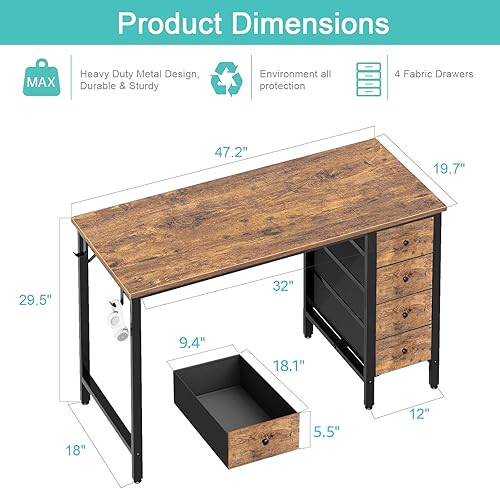 Miniatura 3 de Lufeiya 47 inch Computer Desk with 4 Fabric Drawers, Reversible Writing Work Study Desk for Home Office Bedroom, Modern Simple Student PC Desks,