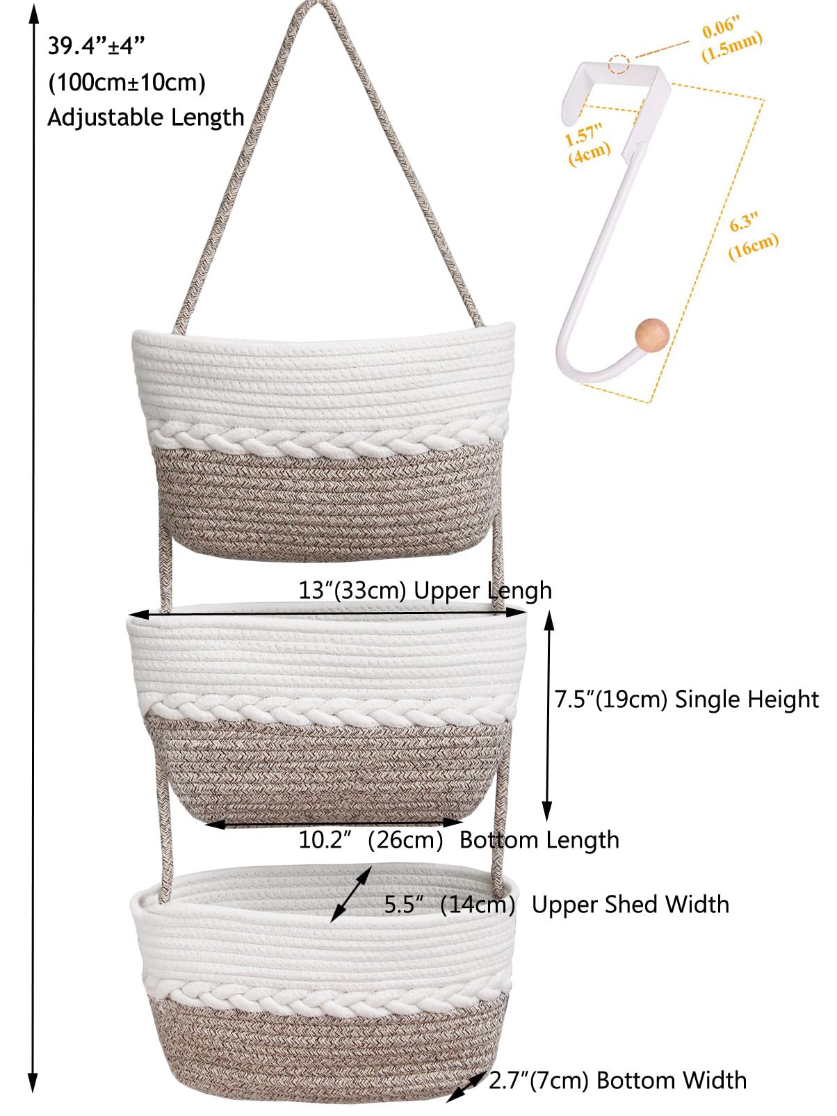 ililmmoe Over Door Hanging Basket for Organizing 3 Tiers Woven Cotton Rope Wall Mount Storage basket Decorative Kitchen Hanging Organizer Bathroom,Bedroom,Baby Room include 1door hook (Mixed Brown) - Image 3
