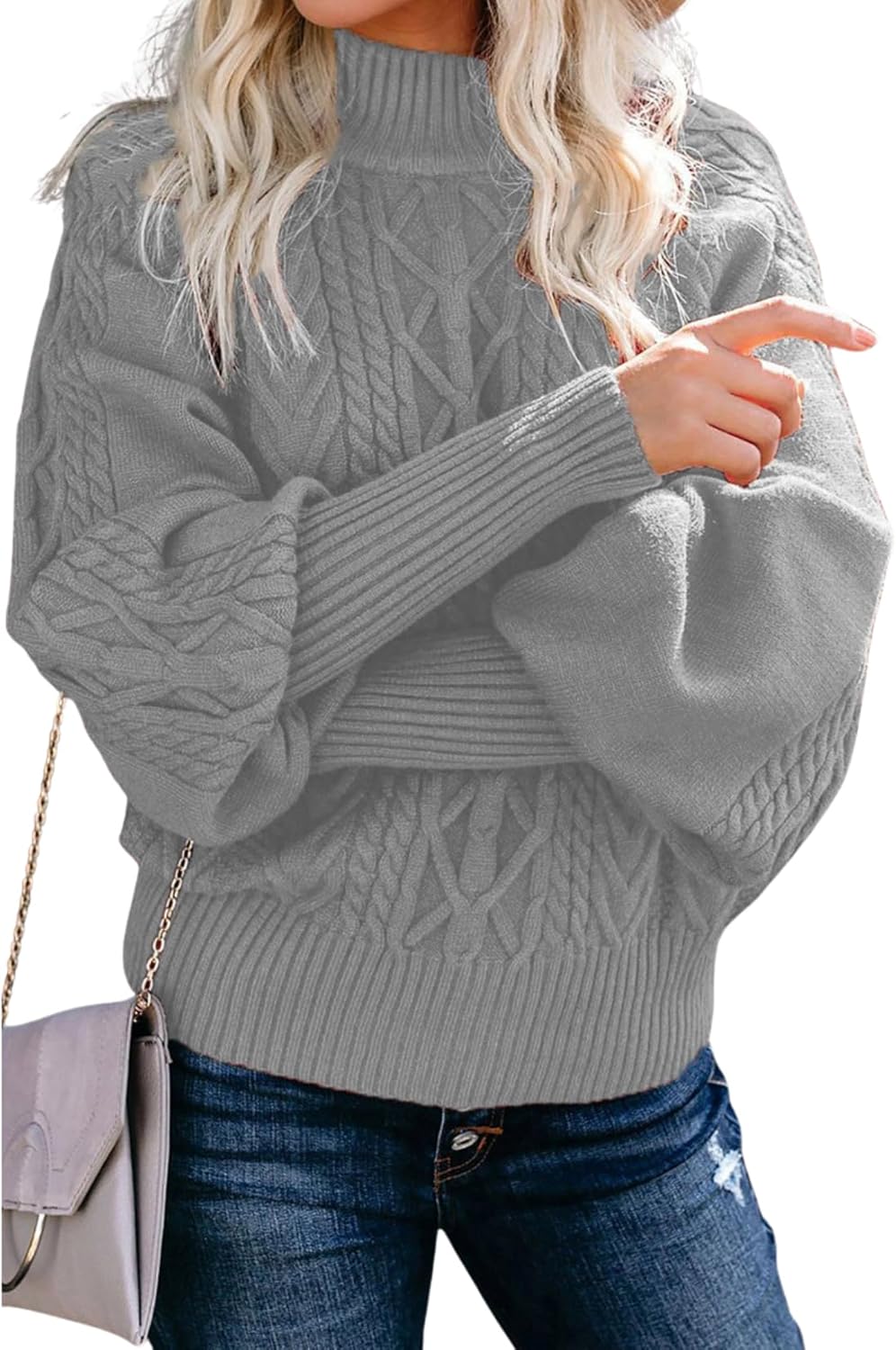 Women's Chunky Cable Knit Turtleneck Sweater Winter Pullover with Puff Sleeves Solid Color Loose Fit Top - Image 2