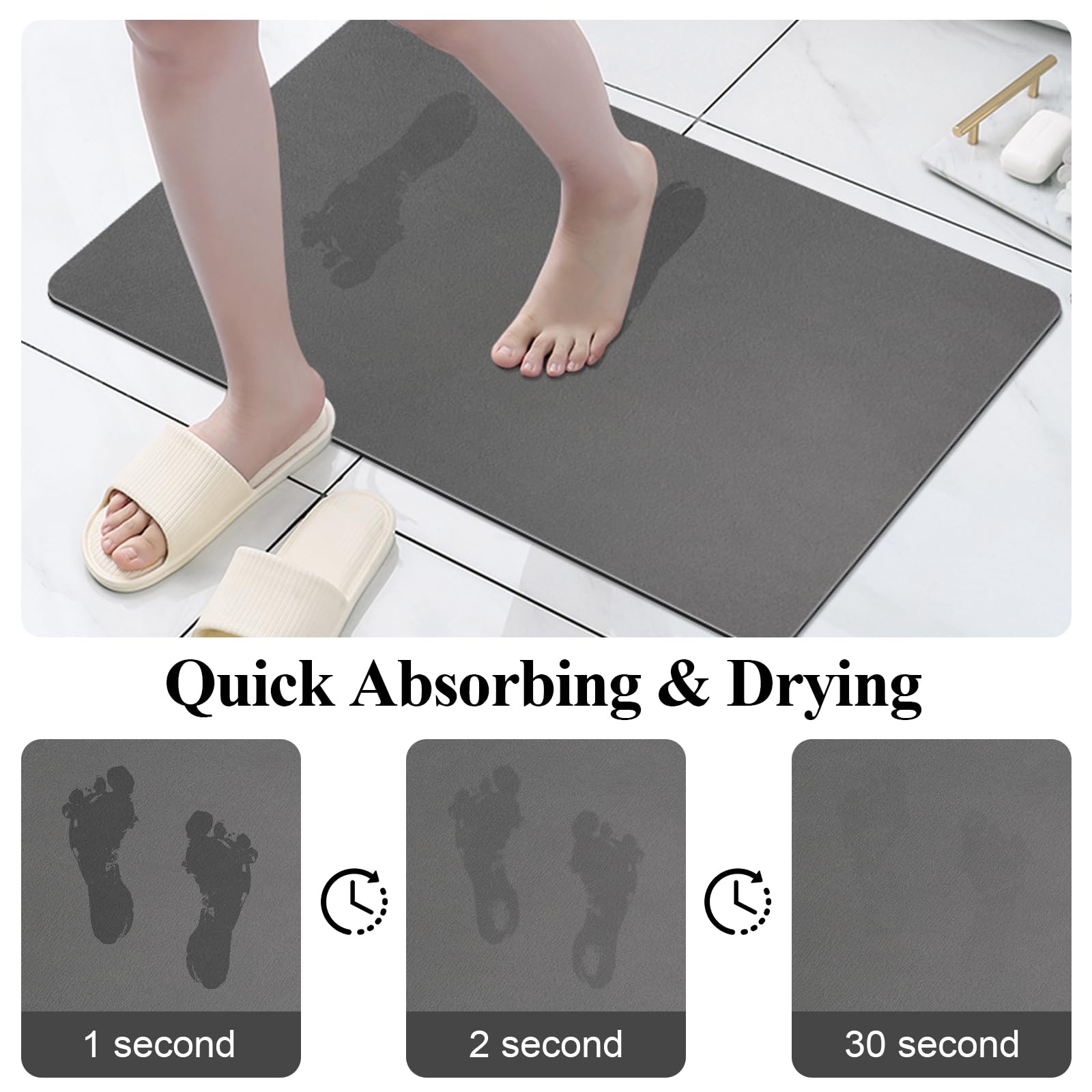 Tapis de Bain Antidérapant Super Absorbant Diatomite Tapis Salle de Bain Microfibre, Microfibre de Doux Séchage Rapide, pour Portes de Salle de Bains, Salon (Gris Foncé, 40x60cm)