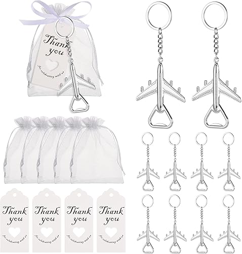 50 llaveros para abrebotellas de avión para regalos de boda o despedida de soltera, regalos, recuerdos para invitados (plateado)