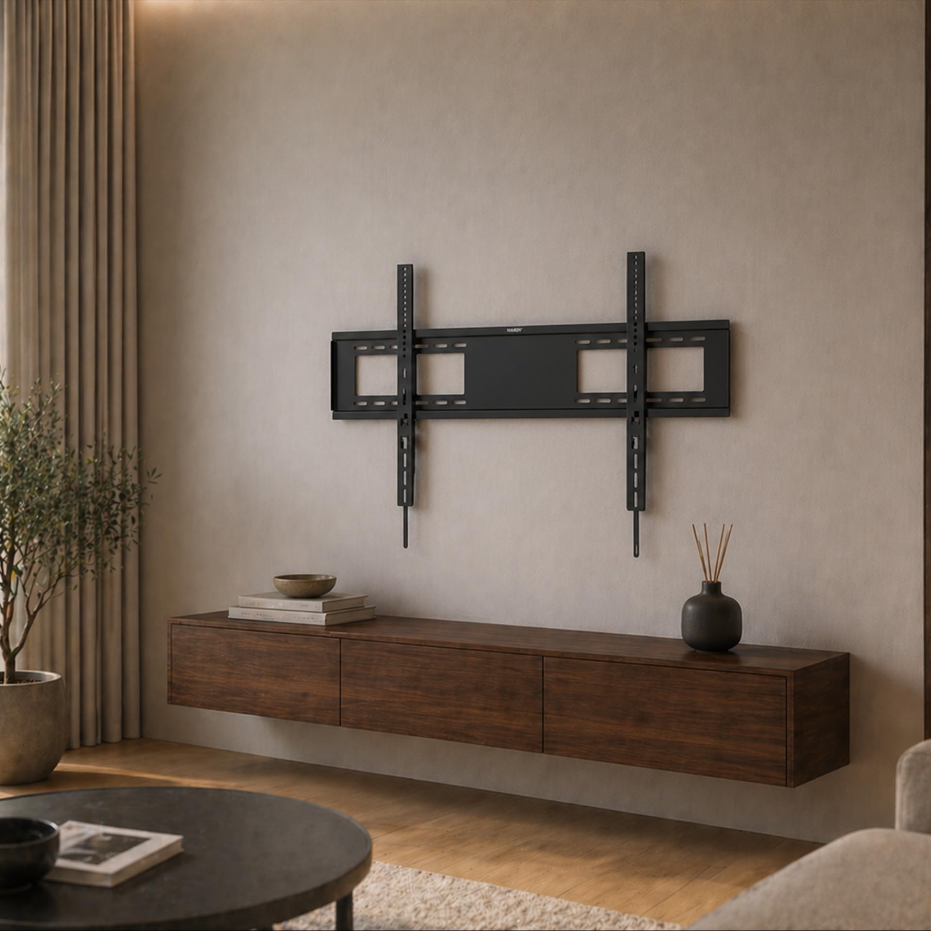 H Hardy TV Wandhalterung MaxX 120 Flach 60-120 Zoll Bis 120 kg | Nur 28 mm wandnah mit rückseitigem Sicherungsverschluss, VESA 150x150-1000x600 mm, inklusive Wasserwaage und Montageset
