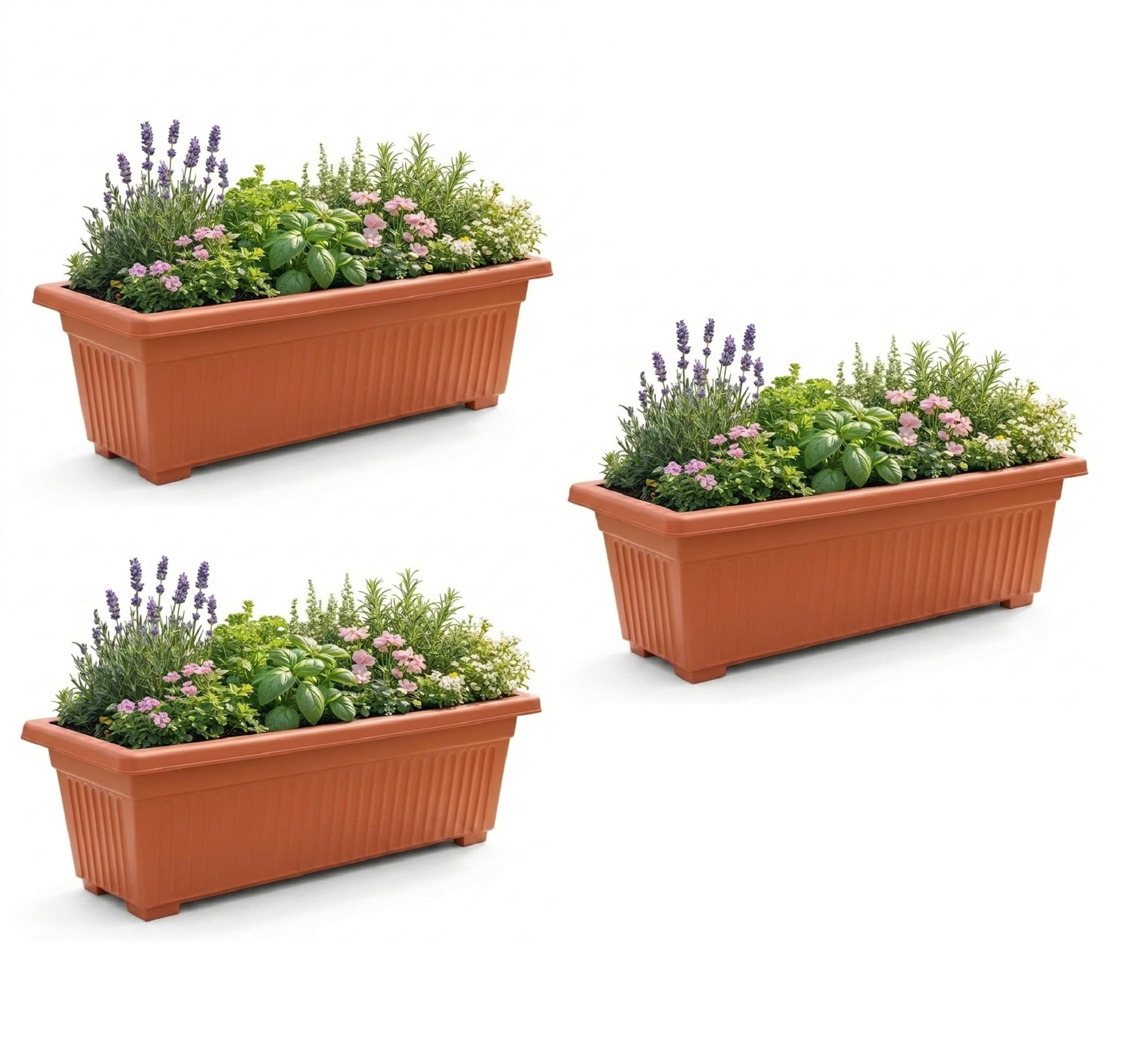 ELMORA'Z 70cm Trough Window Indoor Outdoor Large plant pots outdoor Plastic plant pots Premium plant pots outdoor Featuring Optional Drainage Hole Planter for Herbs Flowers Pack of 3 Terracotta 30L